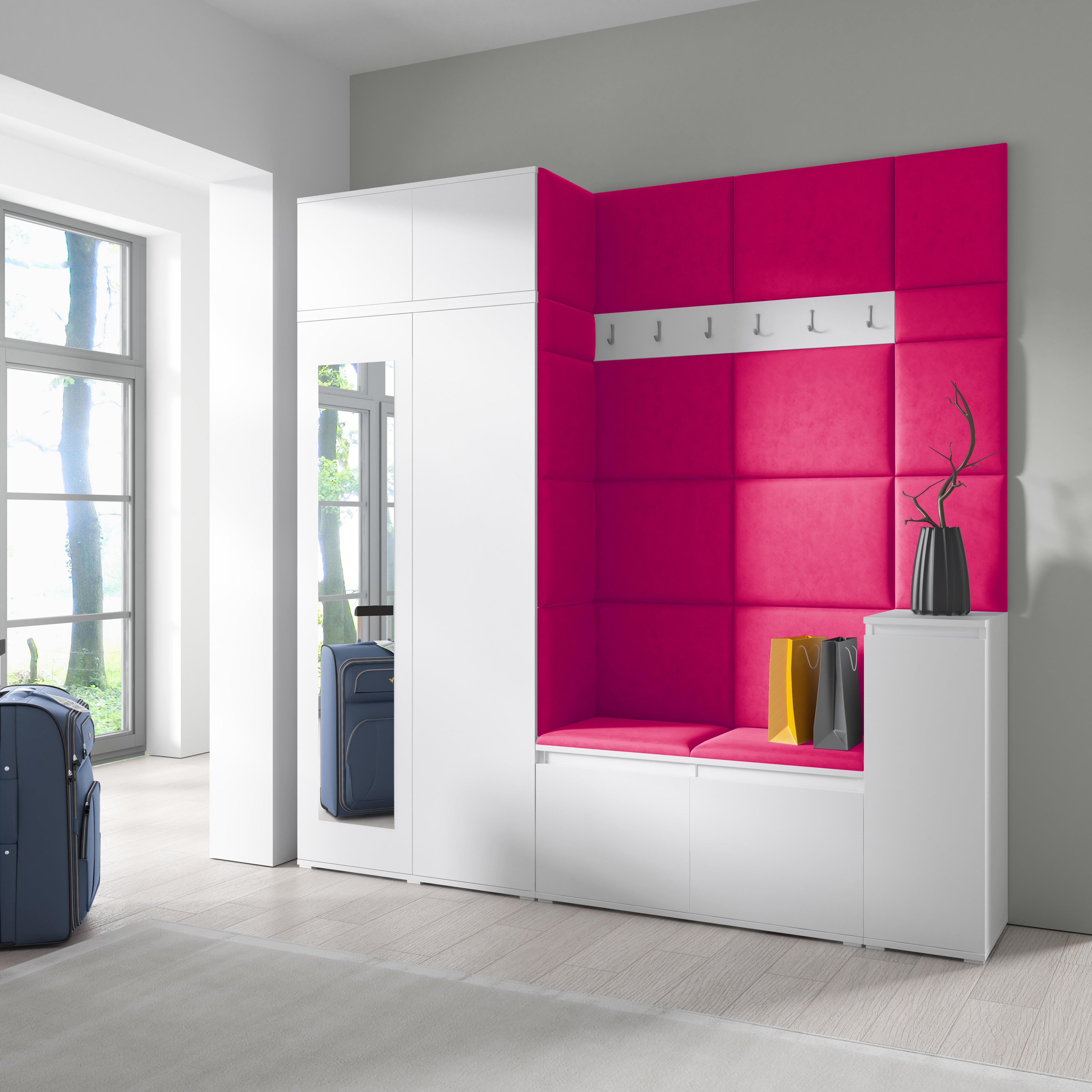 Emi 26 Hallway Set with Wardrobe, Shoe Bench & Upholstered Panels – White