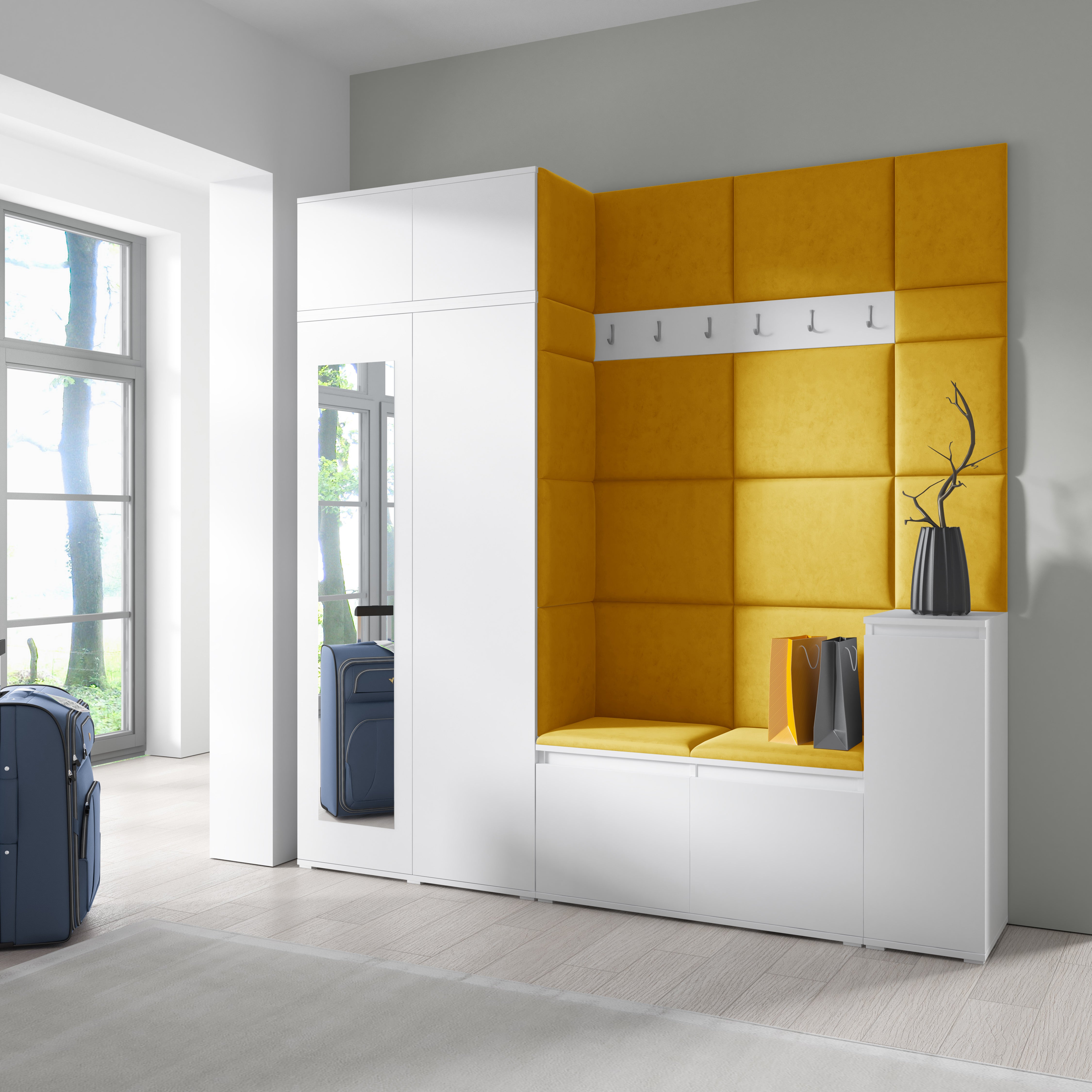 Emi 26 Hallway Set with Wardrobe, Shoe Bench & Upholstered Panels – White