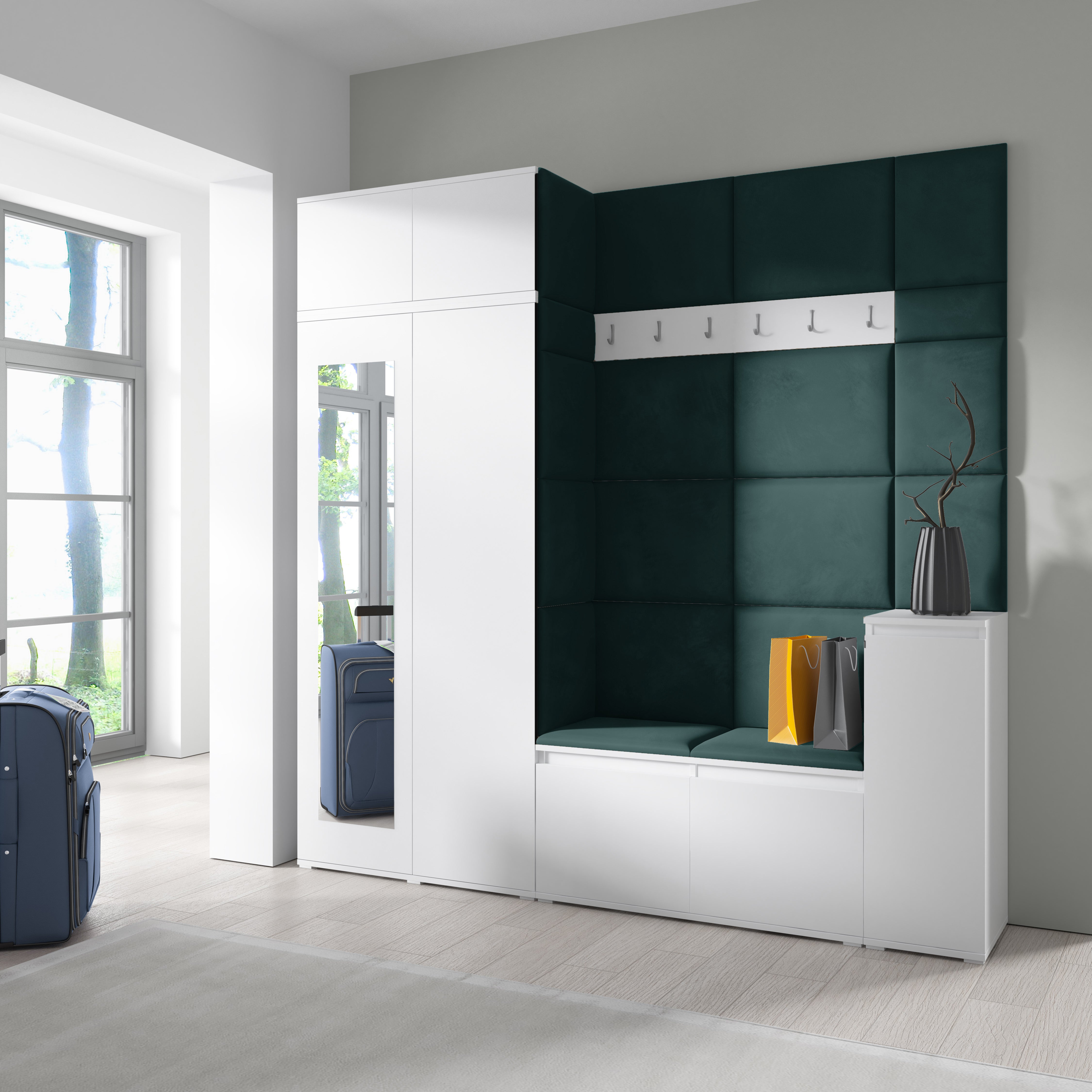 Emi 26 Hallway Set with Wardrobe, Shoe Bench & Upholstered Panels – White