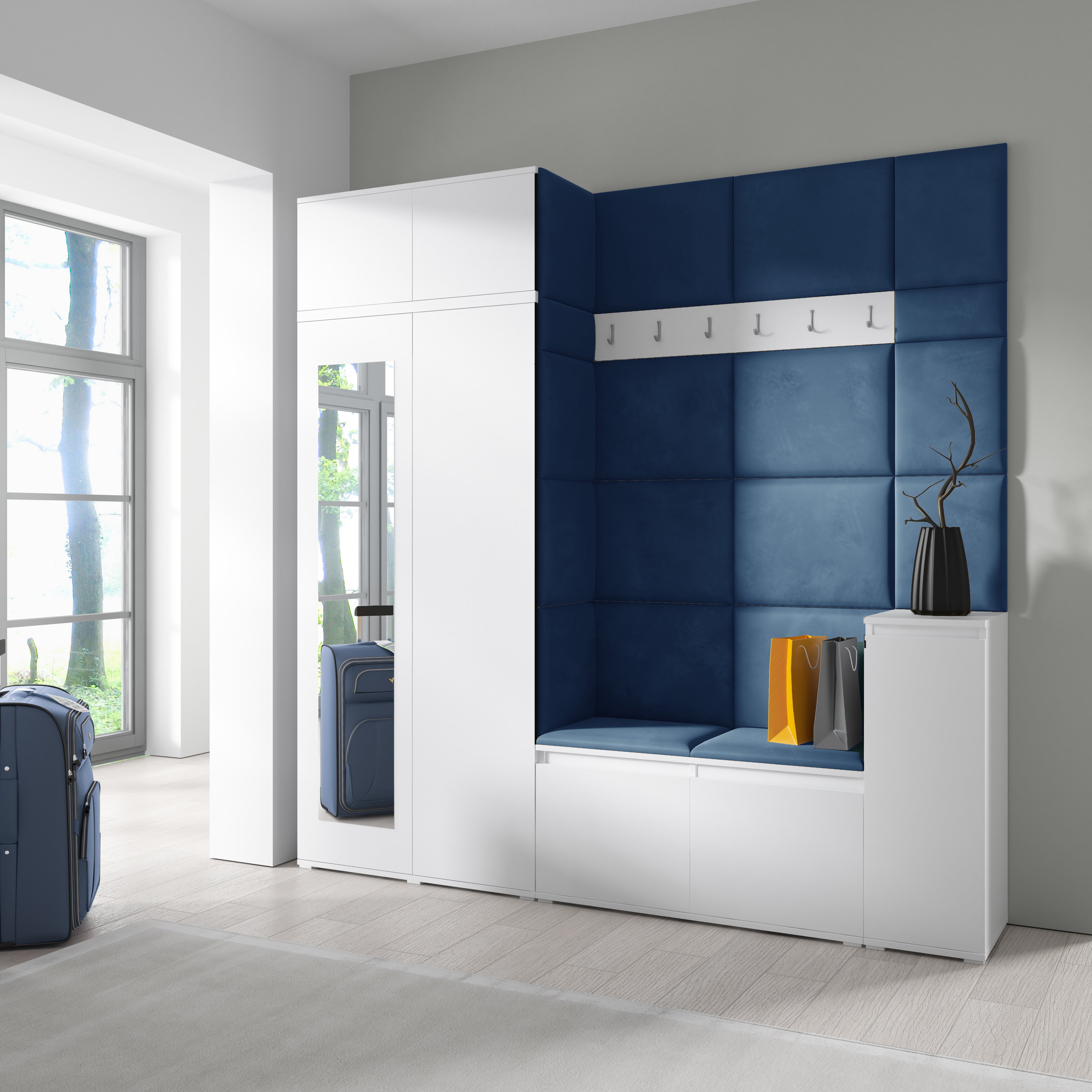 Emi 26 Hallway Set with Wardrobe, Shoe Bench & Upholstered Panels – White