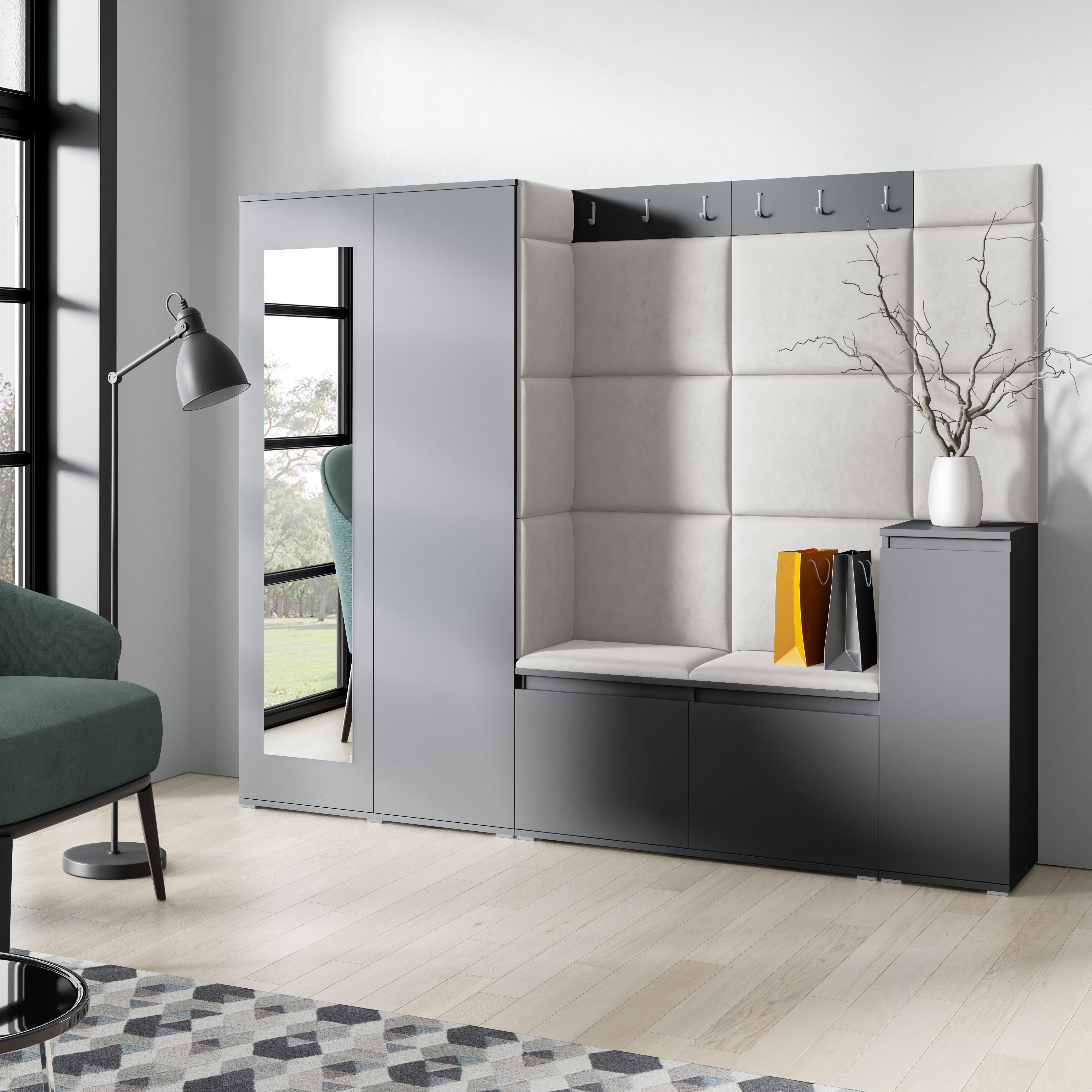 PK Emi 27 Hallway Wardrobe Graphite  - Upholstered Panels in Various Colours