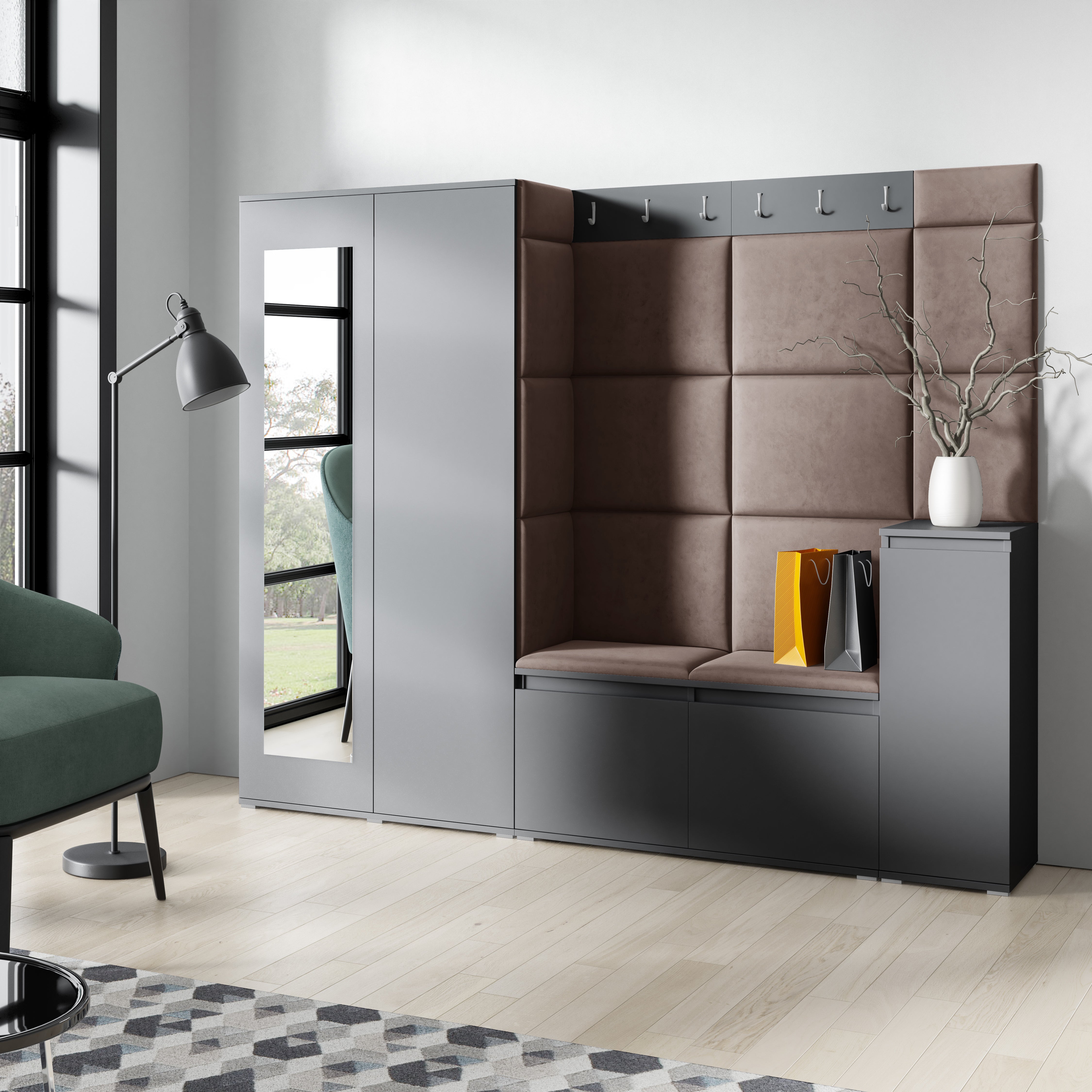 PK Emi 27 Hallway Wardrobe Graphite  - Upholstered Panels in Various Colours