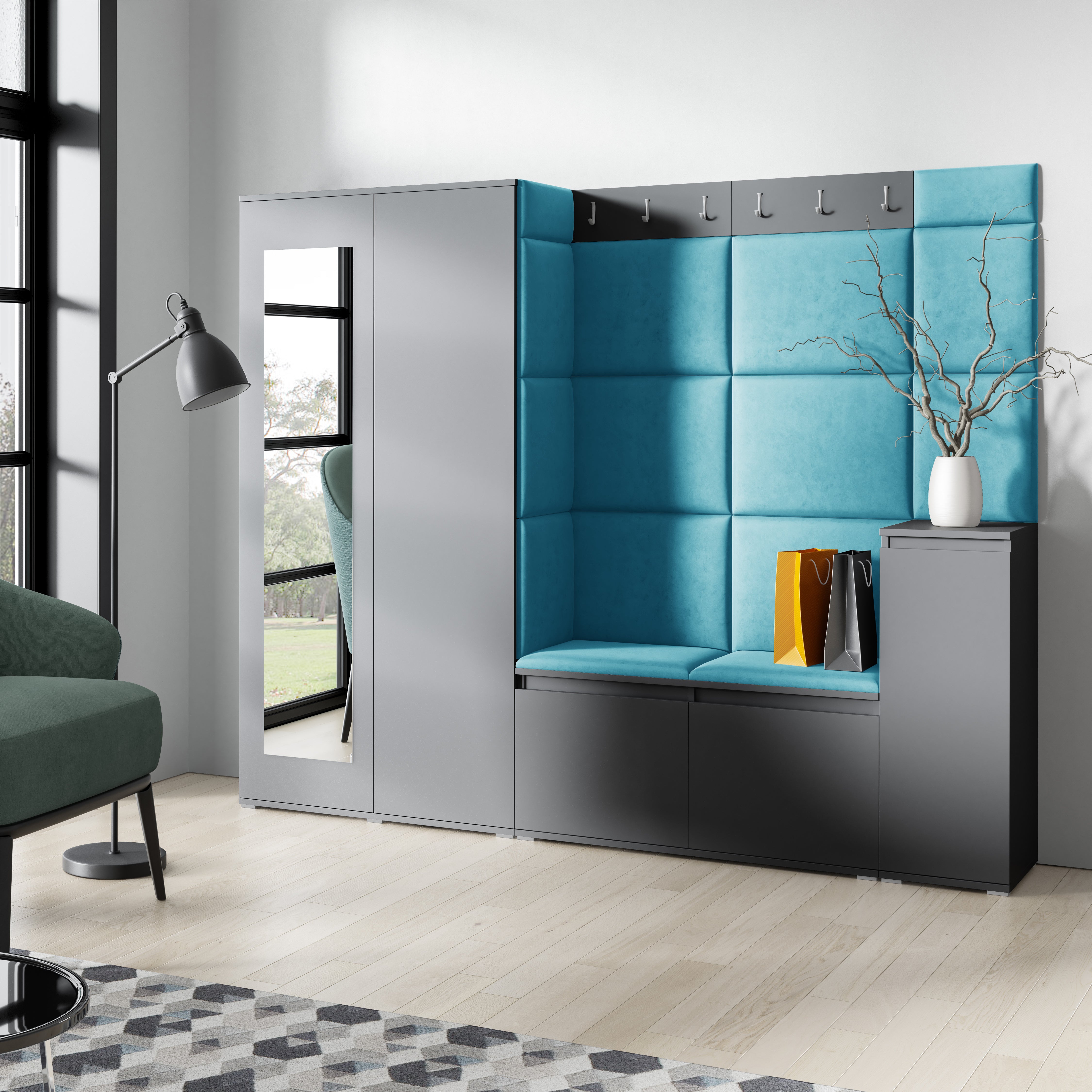 PK Emi 27 Hallway Wardrobe Graphite  - Upholstered Panels in Various Colours