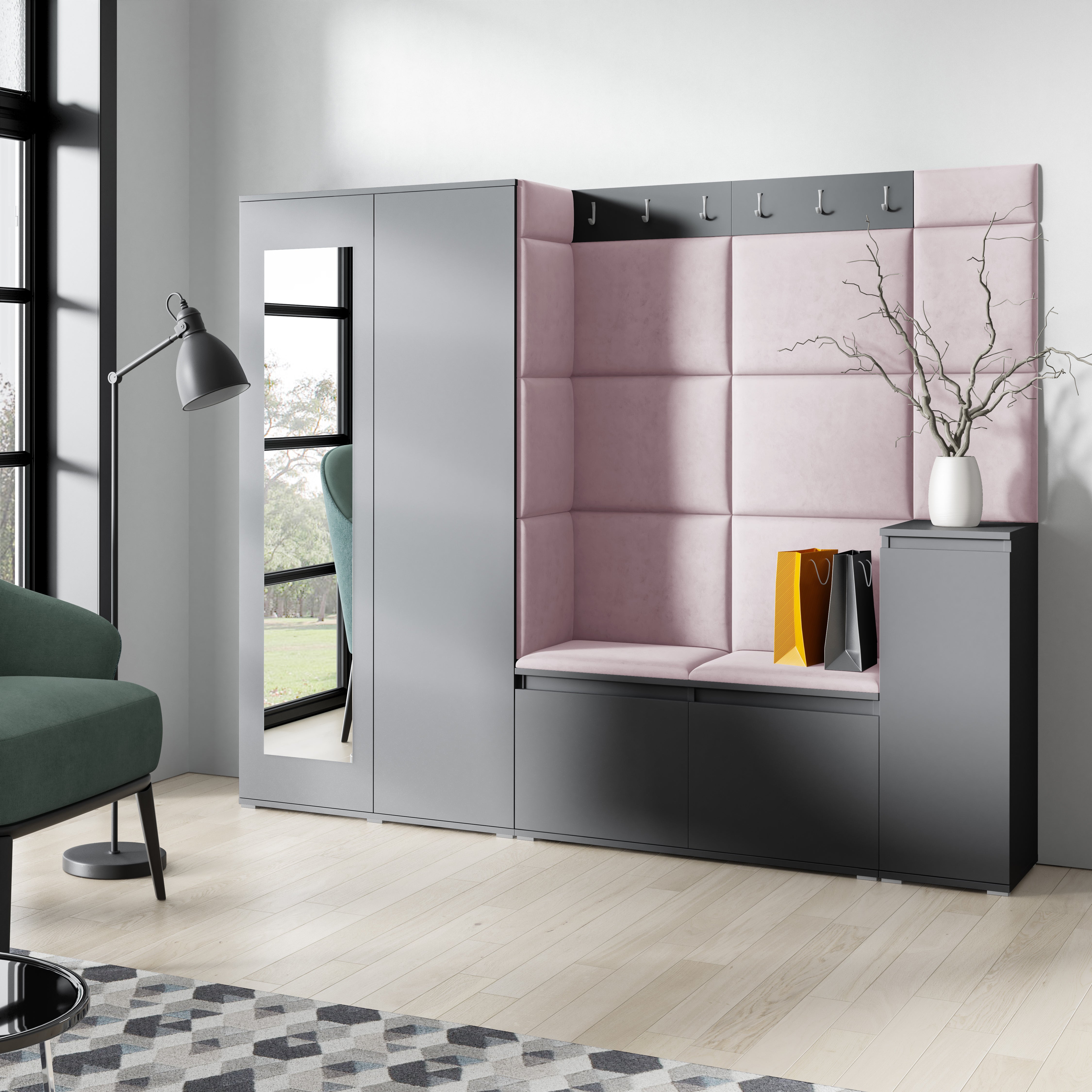 PK Emi 27 Hallway Wardrobe Graphite  - Upholstered Panels in Various Colours
