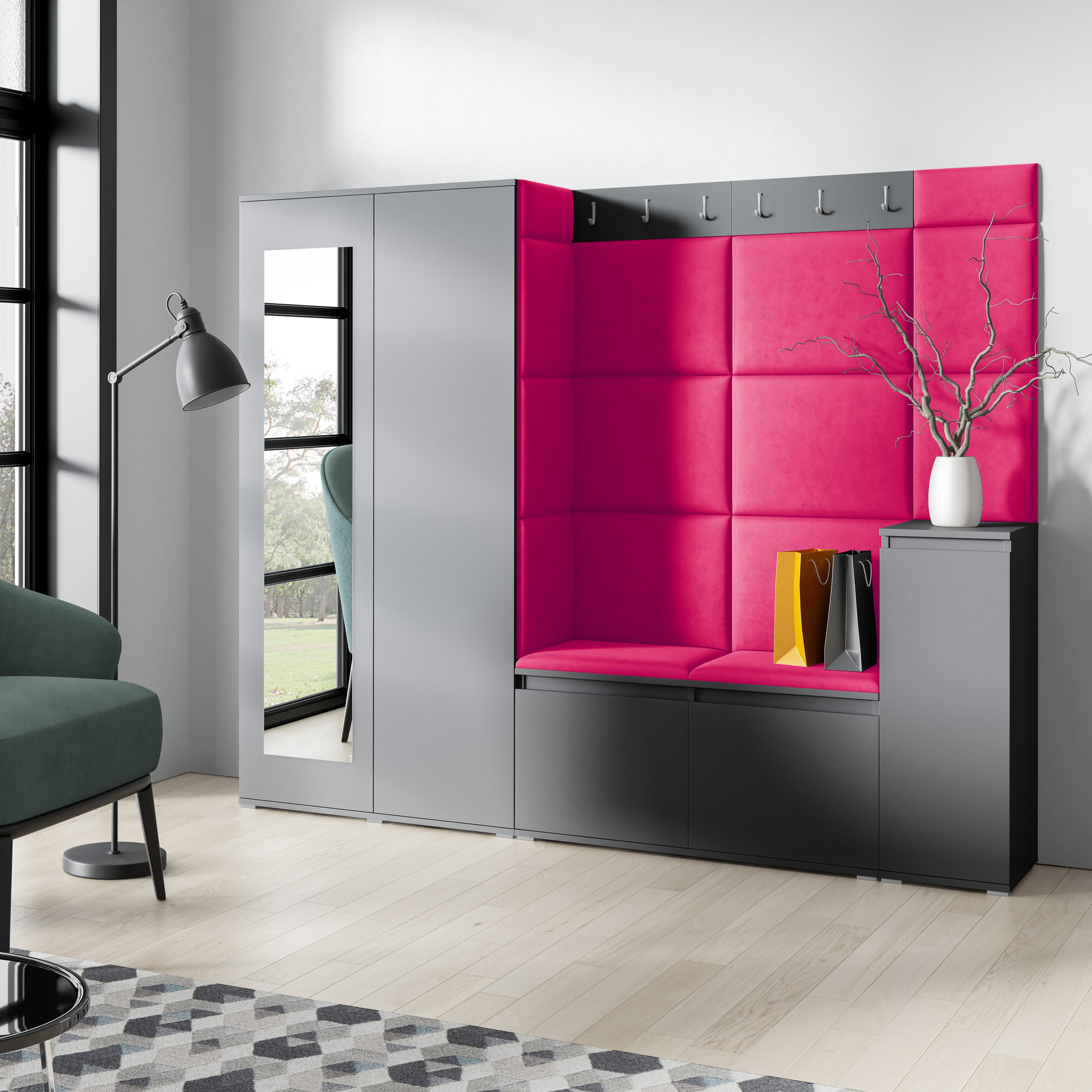 PK Emi 27 Hallway Wardrobe Graphite  - Upholstered Panels in Various Colours