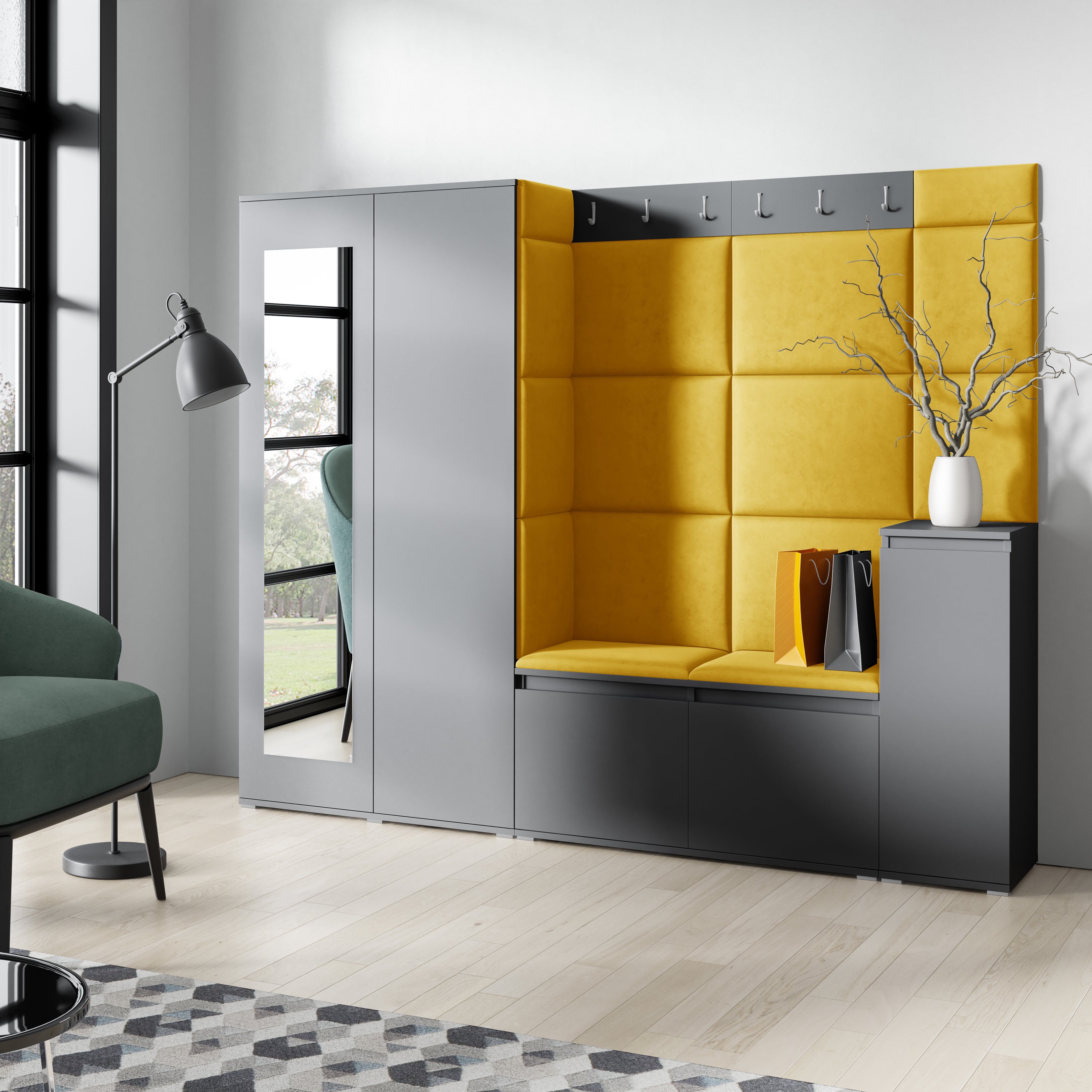 PK Emi 27 Hallway Wardrobe Graphite  - Upholstered Panels in Various Colours