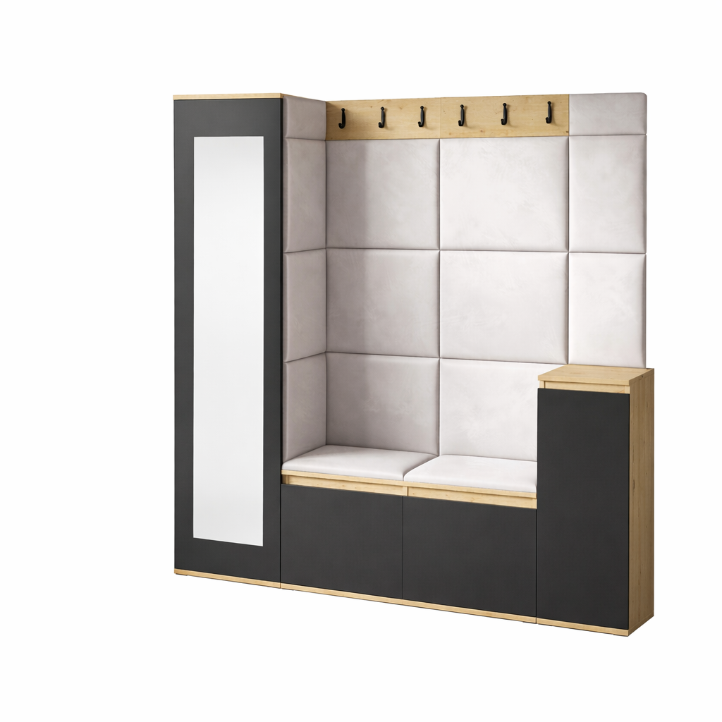 PK Emi 28 Hallway Wardrobe Aristan Oak/Black - Upholstered Panels in Various Colours