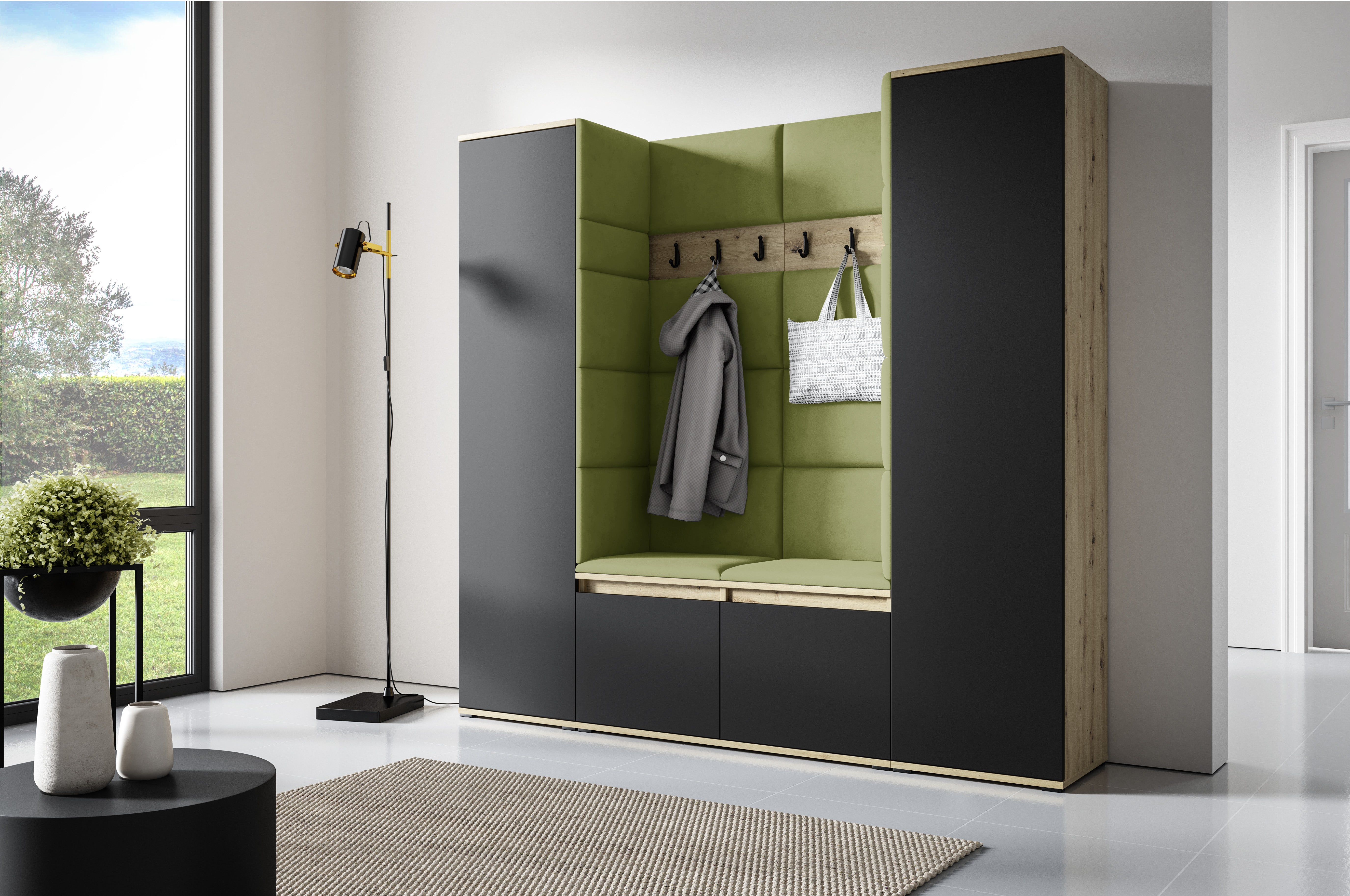 PK Emi 31 Hallway Wardrobe Aristan Oak/Black- Upholstered Panels in Various Colours
