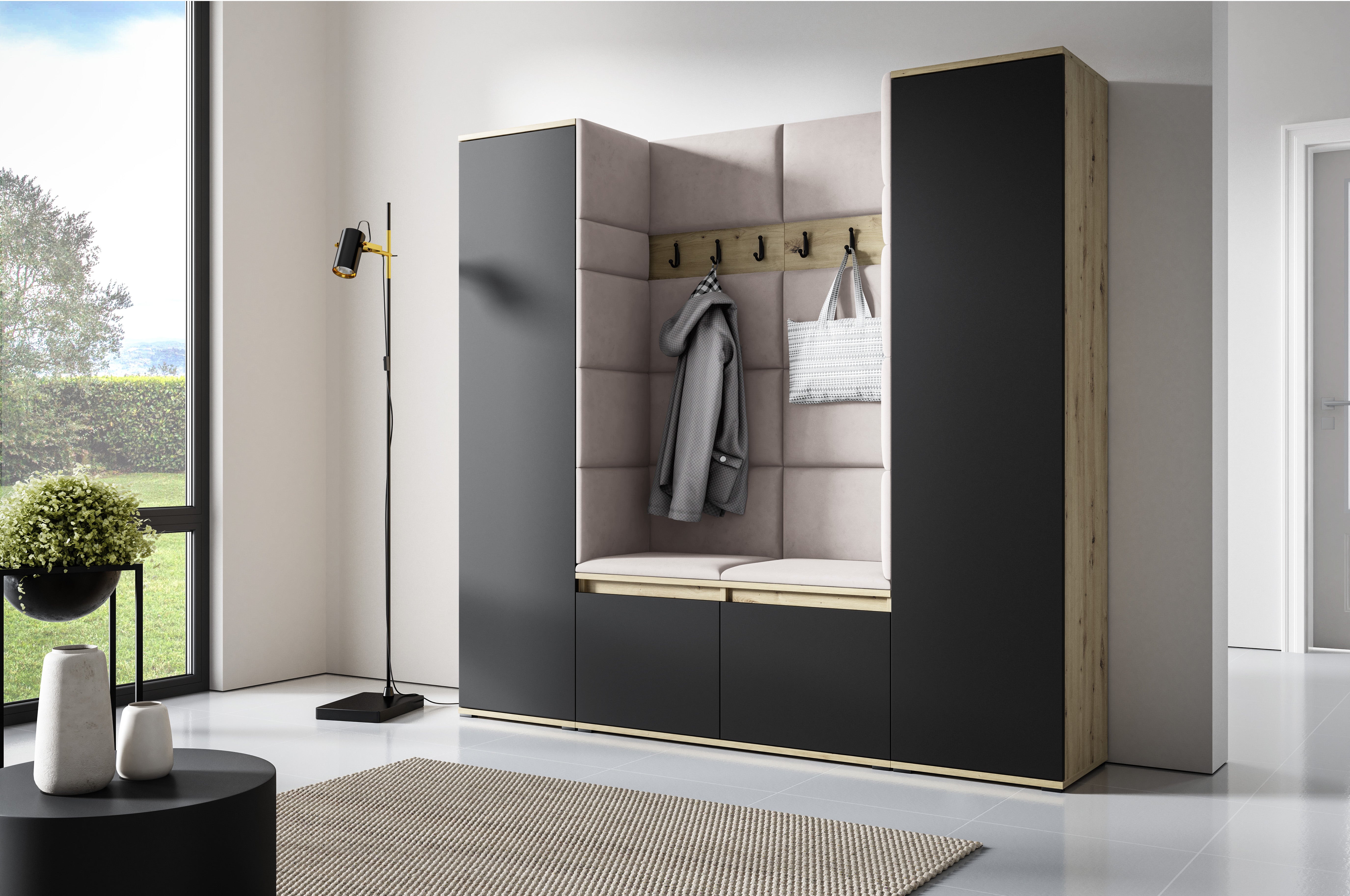 PK Emi 31 Hallway Wardrobe Aristan Oak/Black- Upholstered Panels in Various Colours