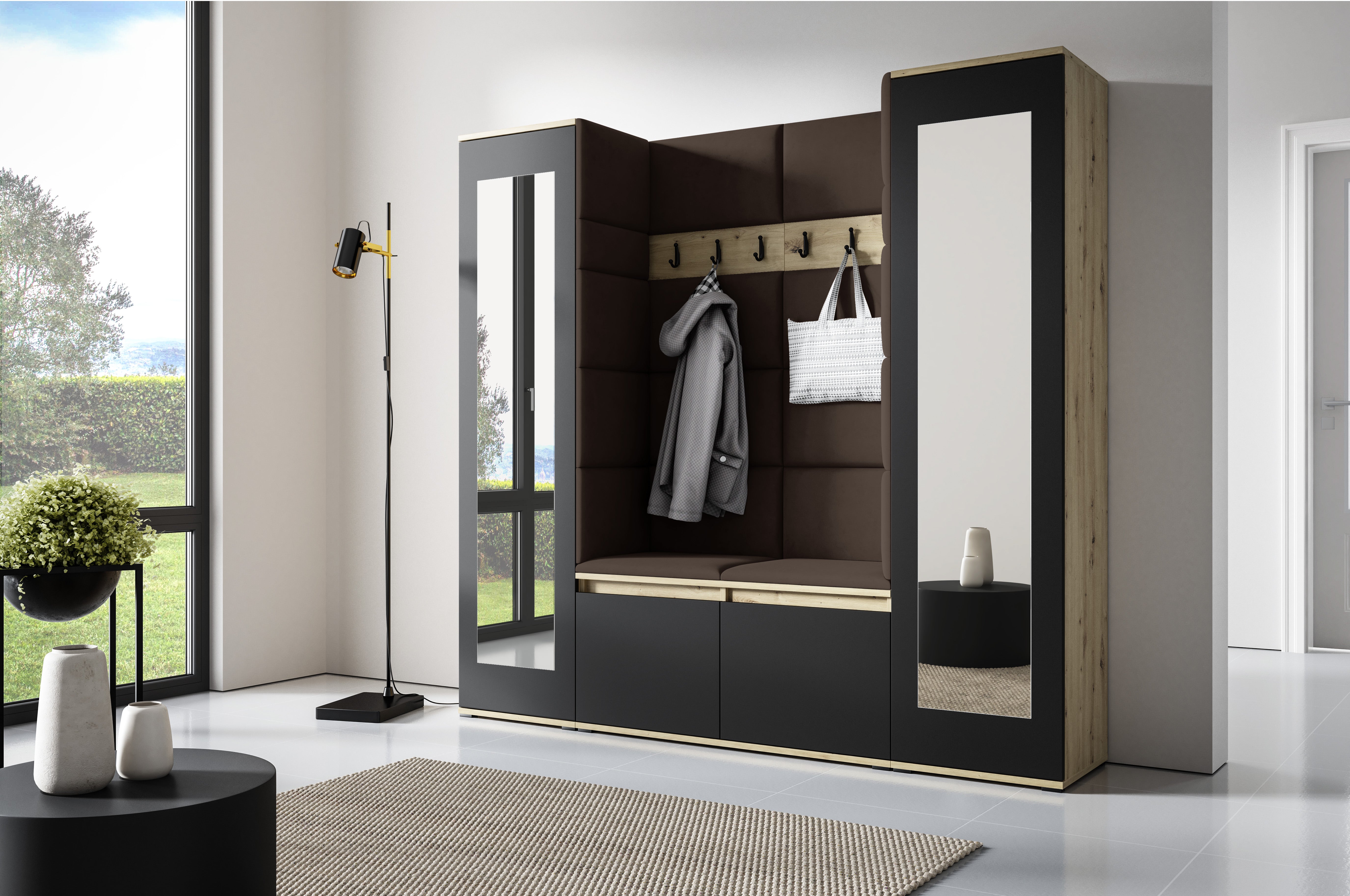 PK Emi 31 Hallway Wardrobe Aristan Oak/Black- Upholstered Panels in Various Colours