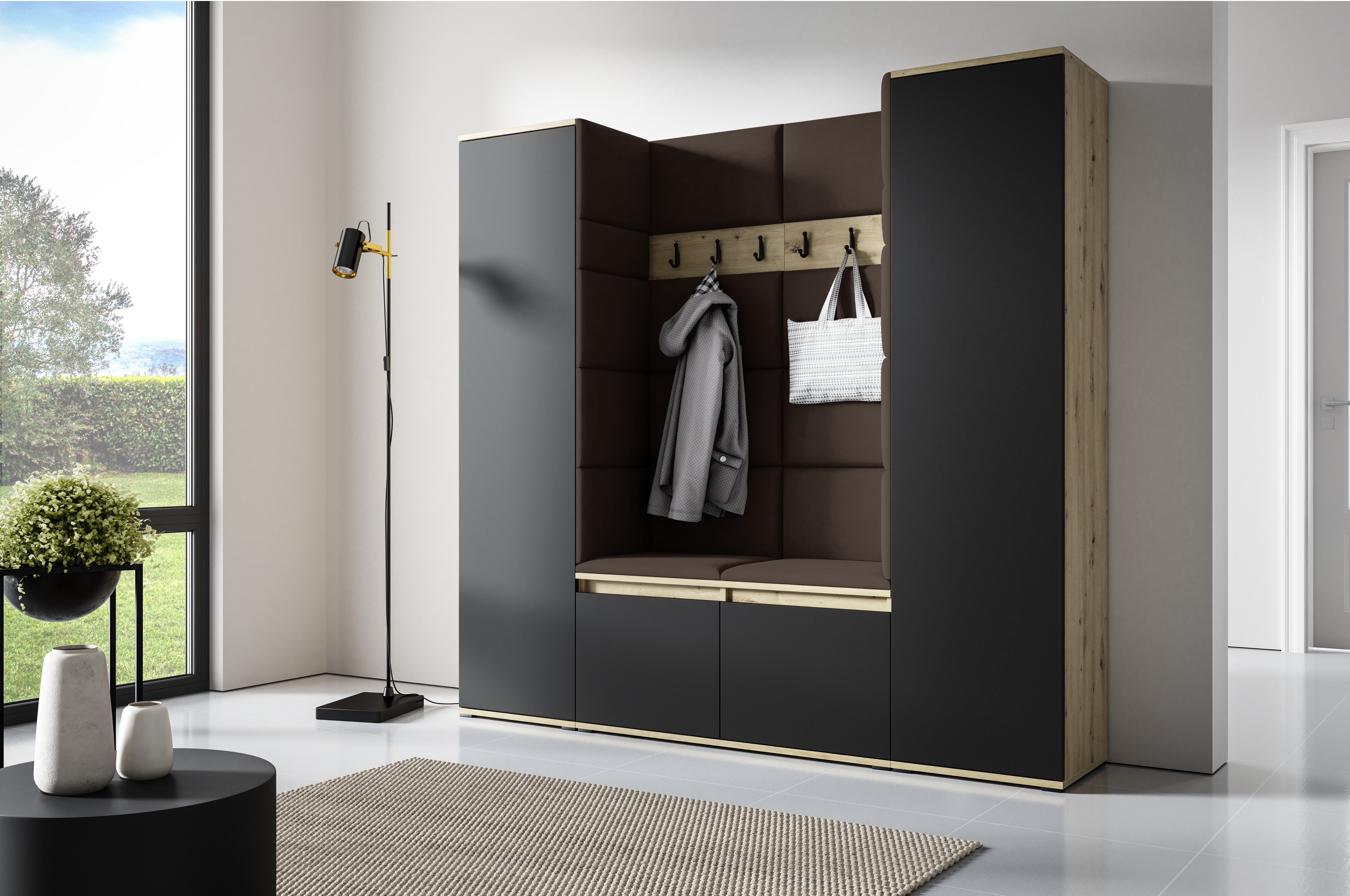 PK Emi 31 Hallway Wardrobe Aristan Oak/Black- Upholstered Panels in Various Colours