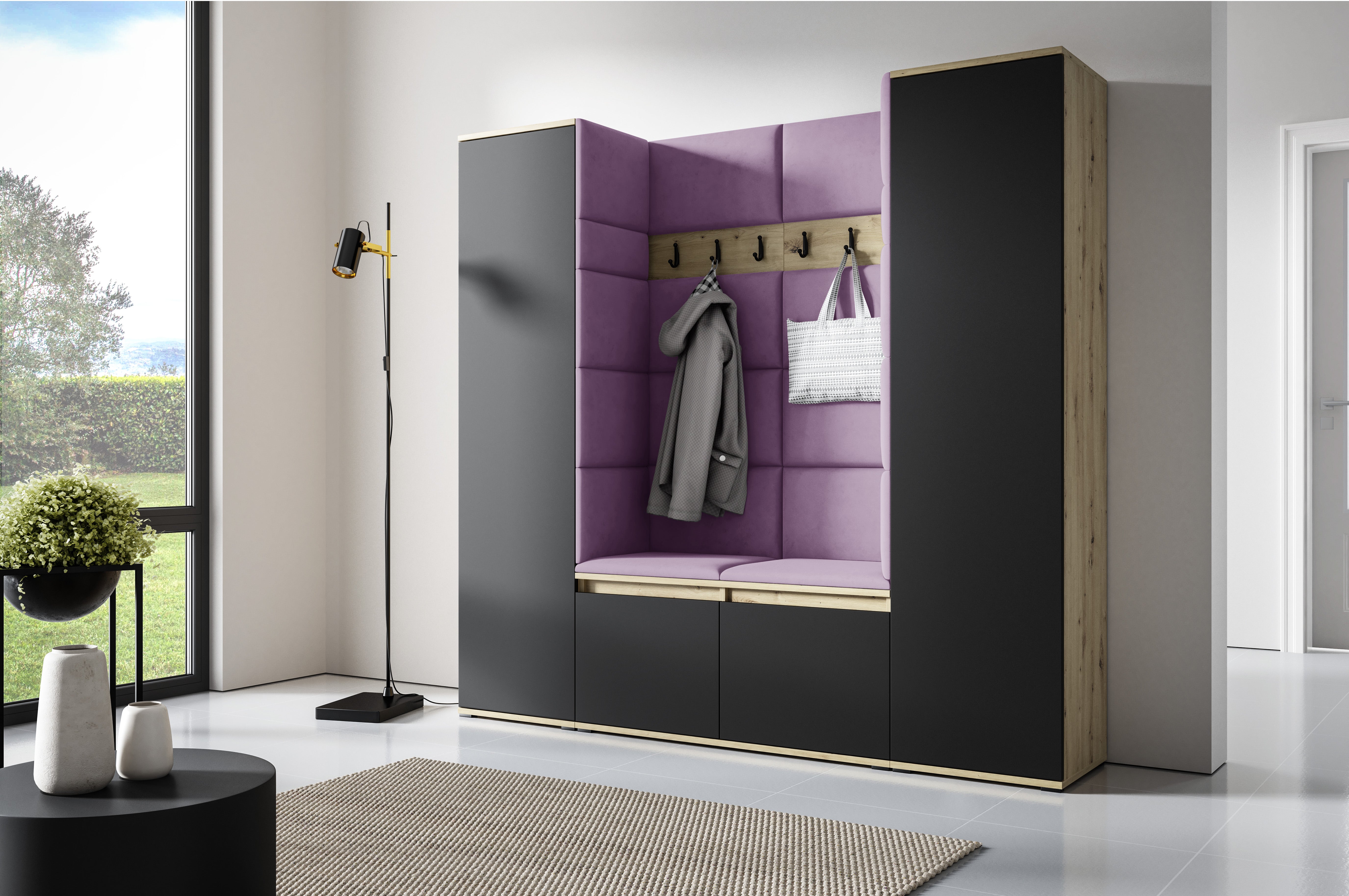 PK Emi 31 Hallway Wardrobe Aristan Oak/Black- Upholstered Panels in Various Colours
