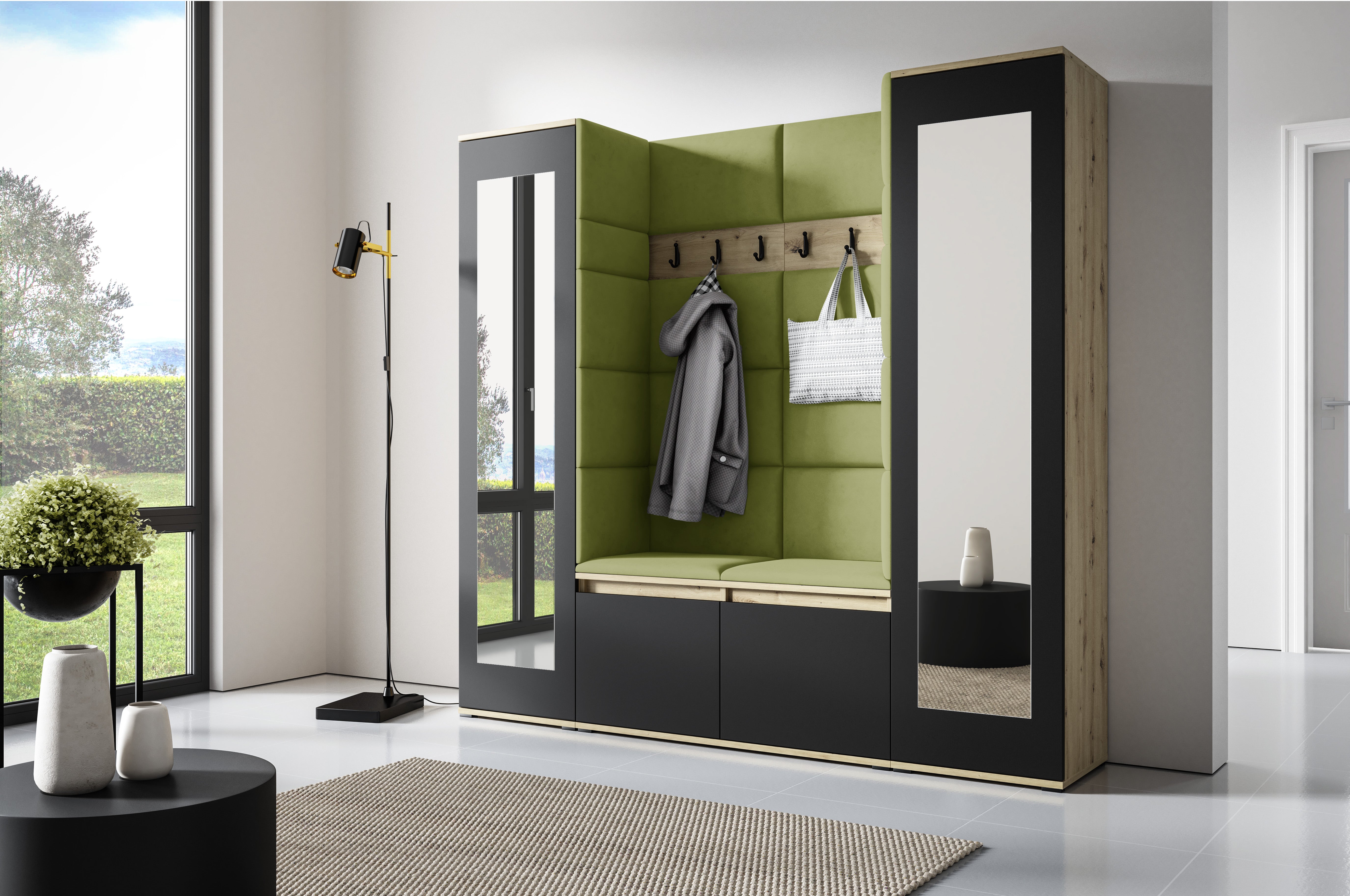 PK Emi 31 Hallway Wardrobe Aristan Oak/Black- Upholstered Panels in Various Colours