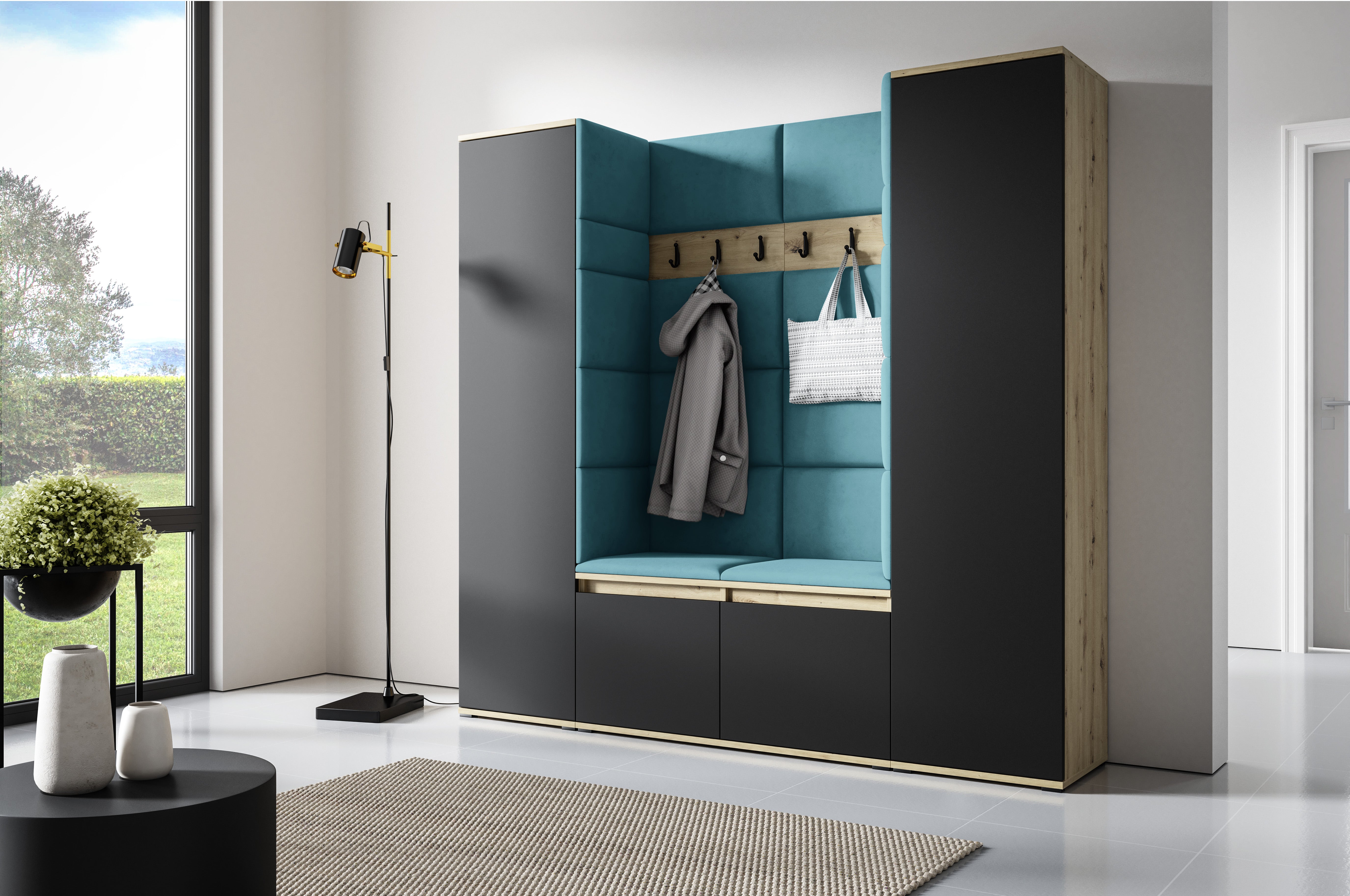 PK Emi 31 Hallway Wardrobe Aristan Oak/Black- Upholstered Panels in Various Colours