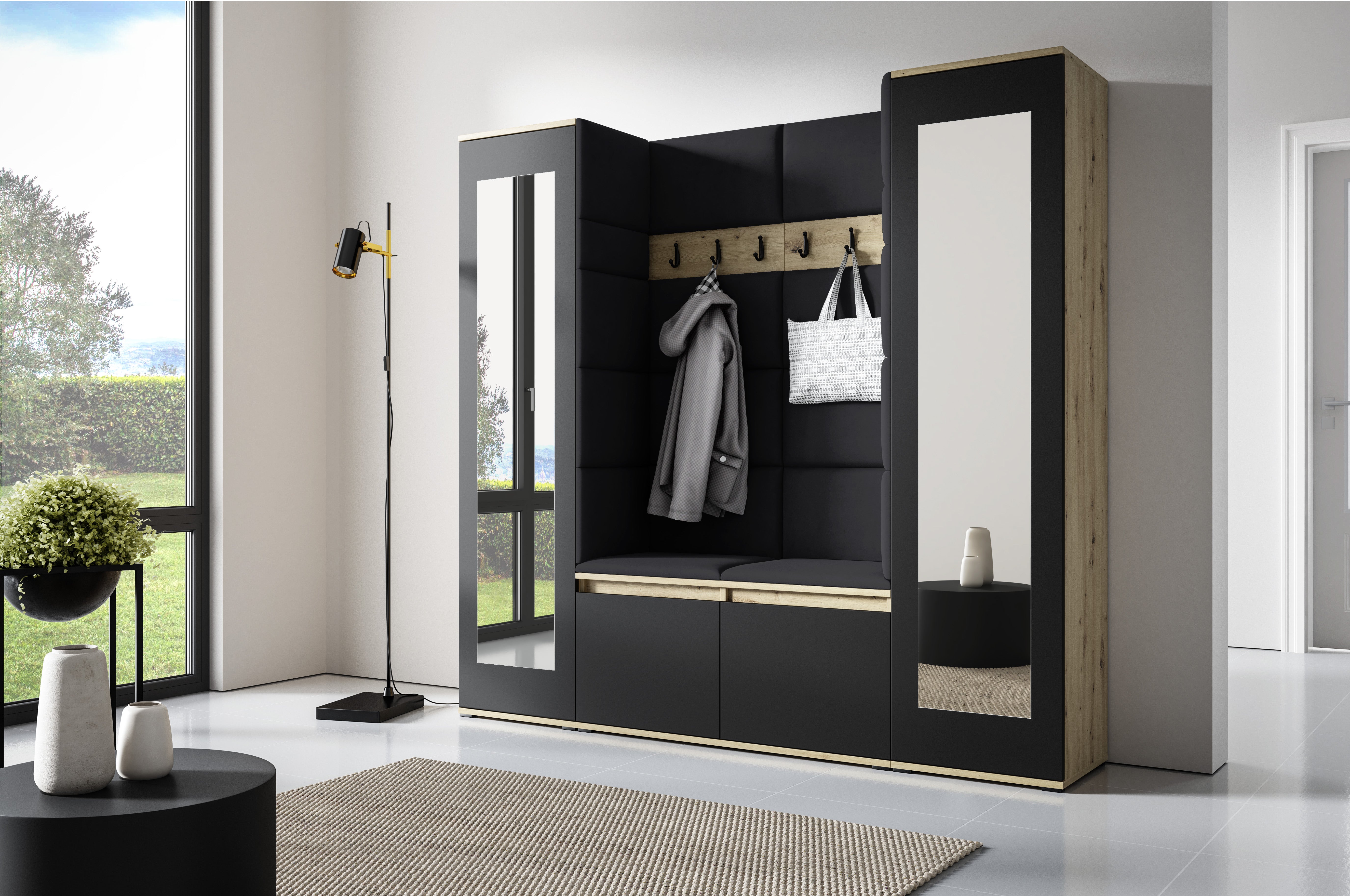 PK Emi 31 Hallway Wardrobe Aristan Oak/Black- Upholstered Panels in Various Colours