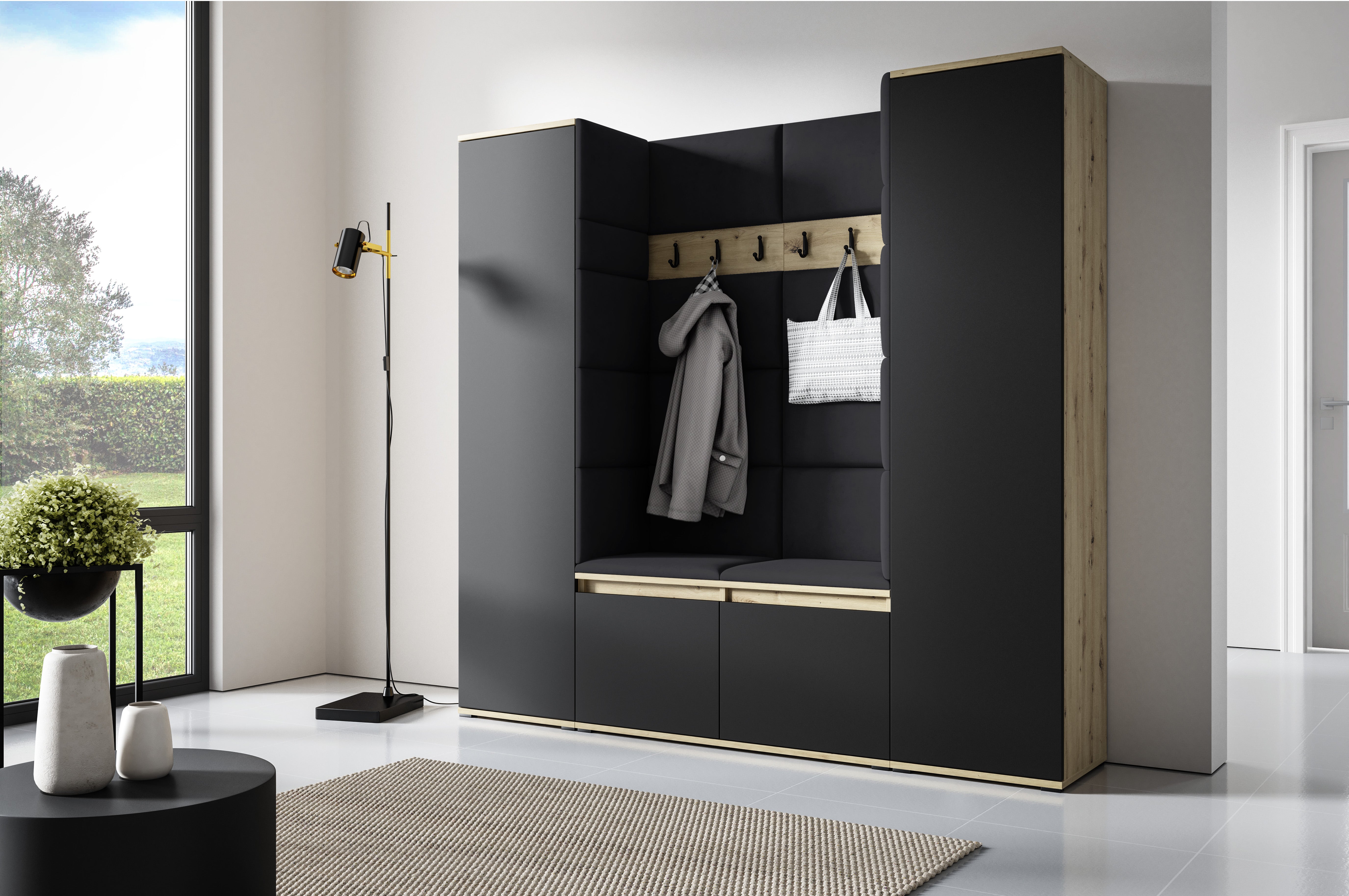 PK Emi 31 Hallway Wardrobe Aristan Oak/Black- Upholstered Panels in Various Colours