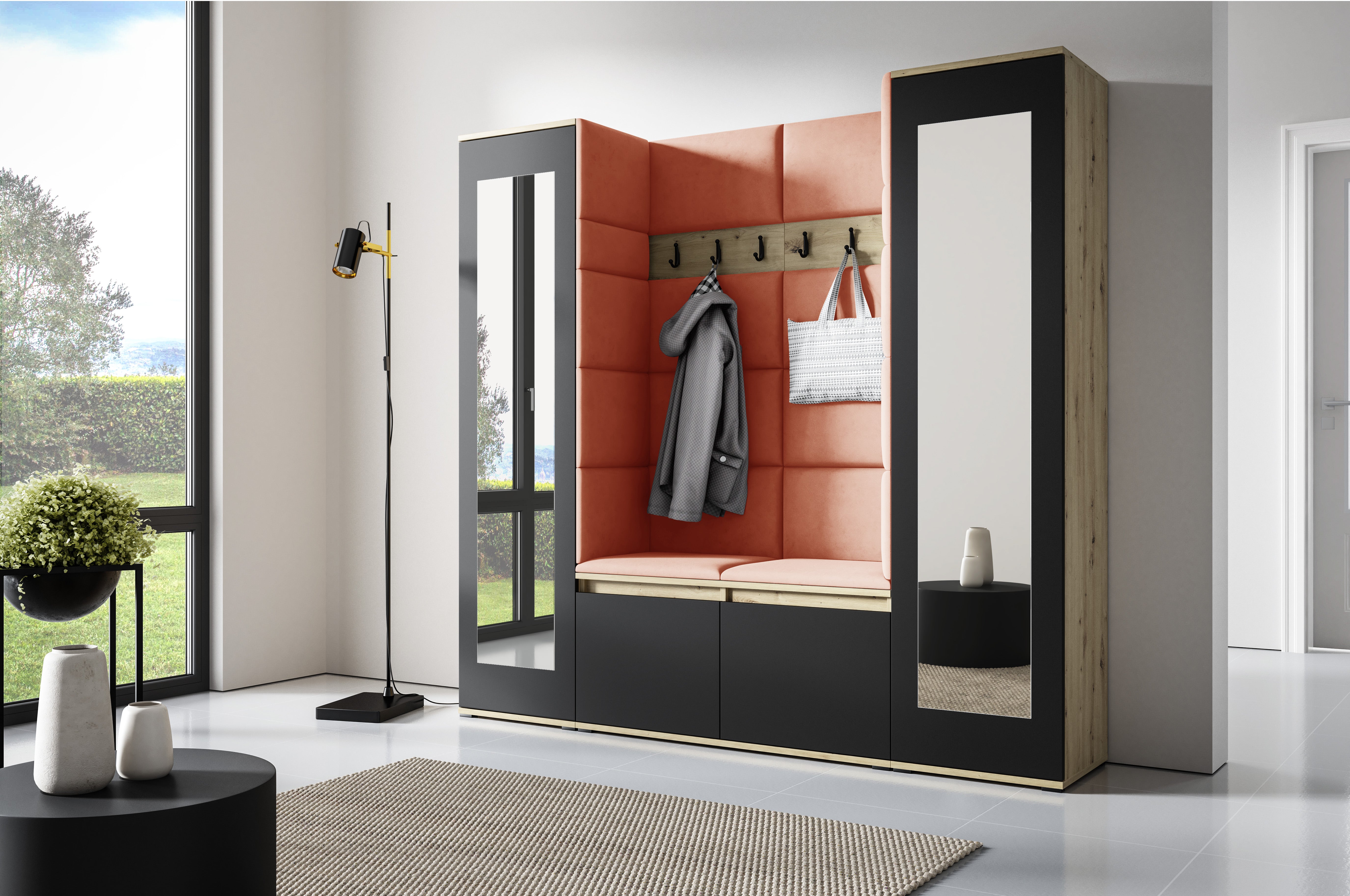 PK Emi 31 Hallway Wardrobe Aristan Oak/Black- Upholstered Panels in Various Colours