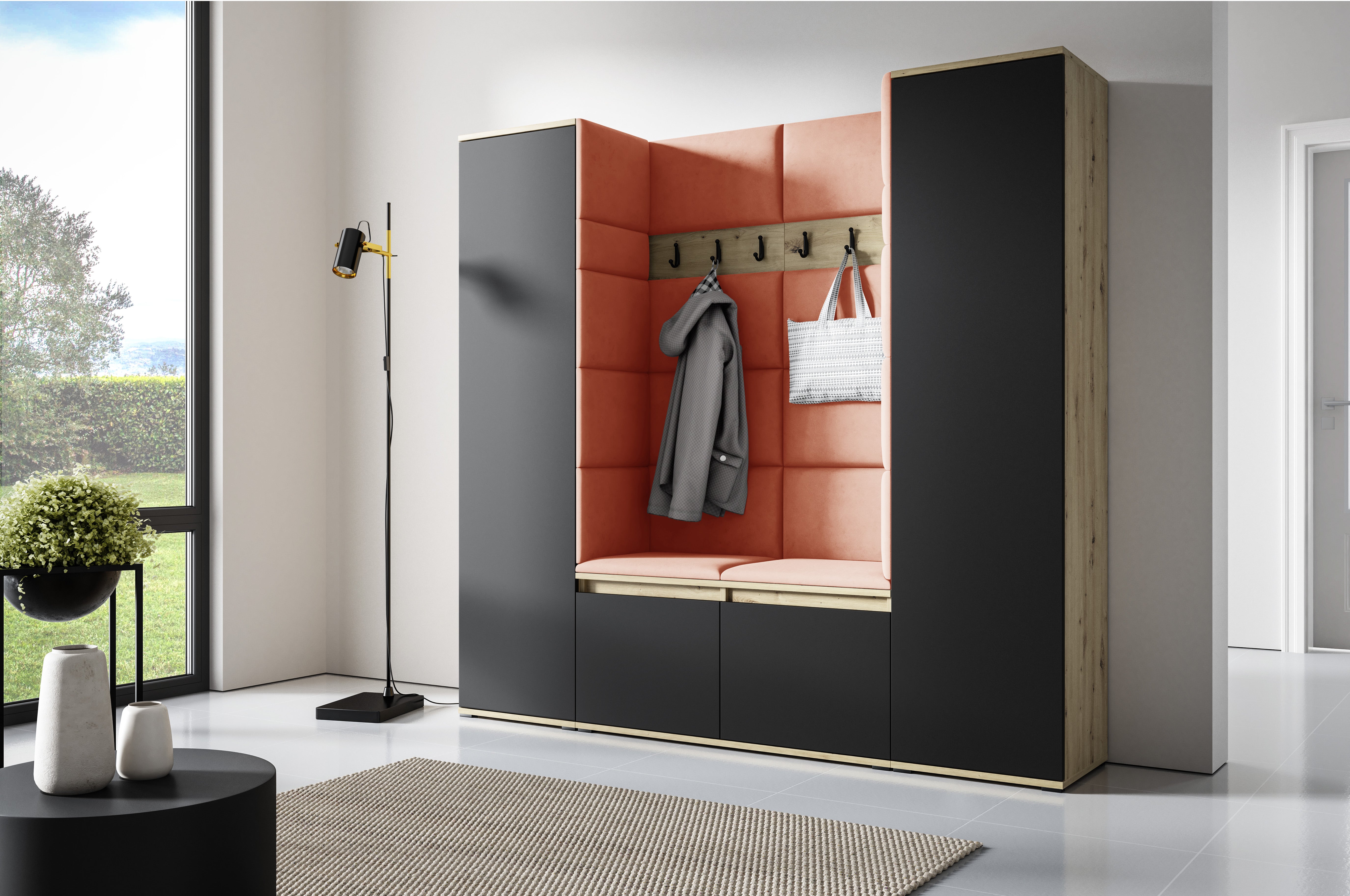 PK Emi 31 Hallway Wardrobe Aristan Oak/Black- Upholstered Panels in Various Colours