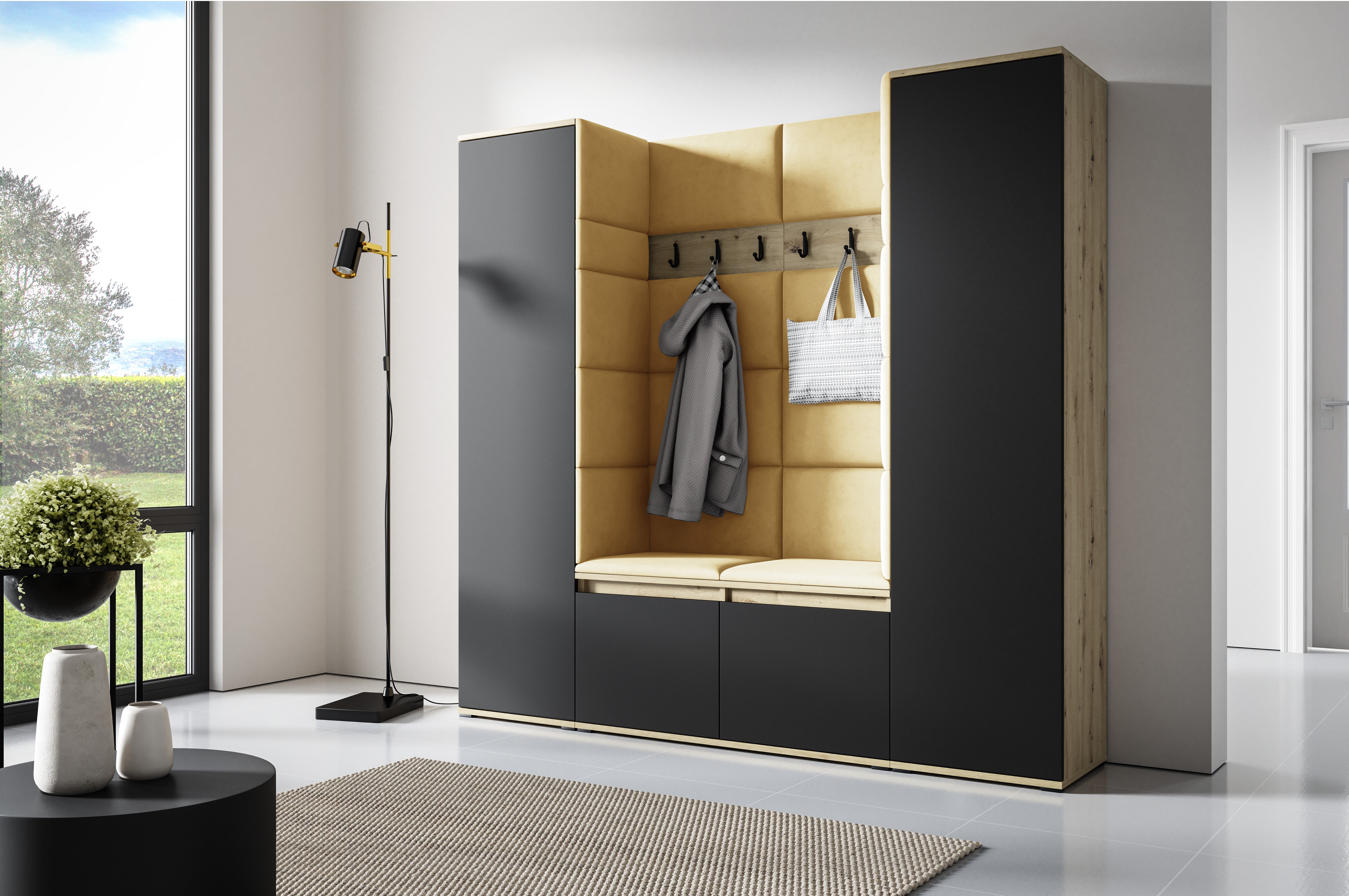PK Emi 31 Hallway Wardrobe Aristan Oak/Black- Upholstered Panels in Various Colours