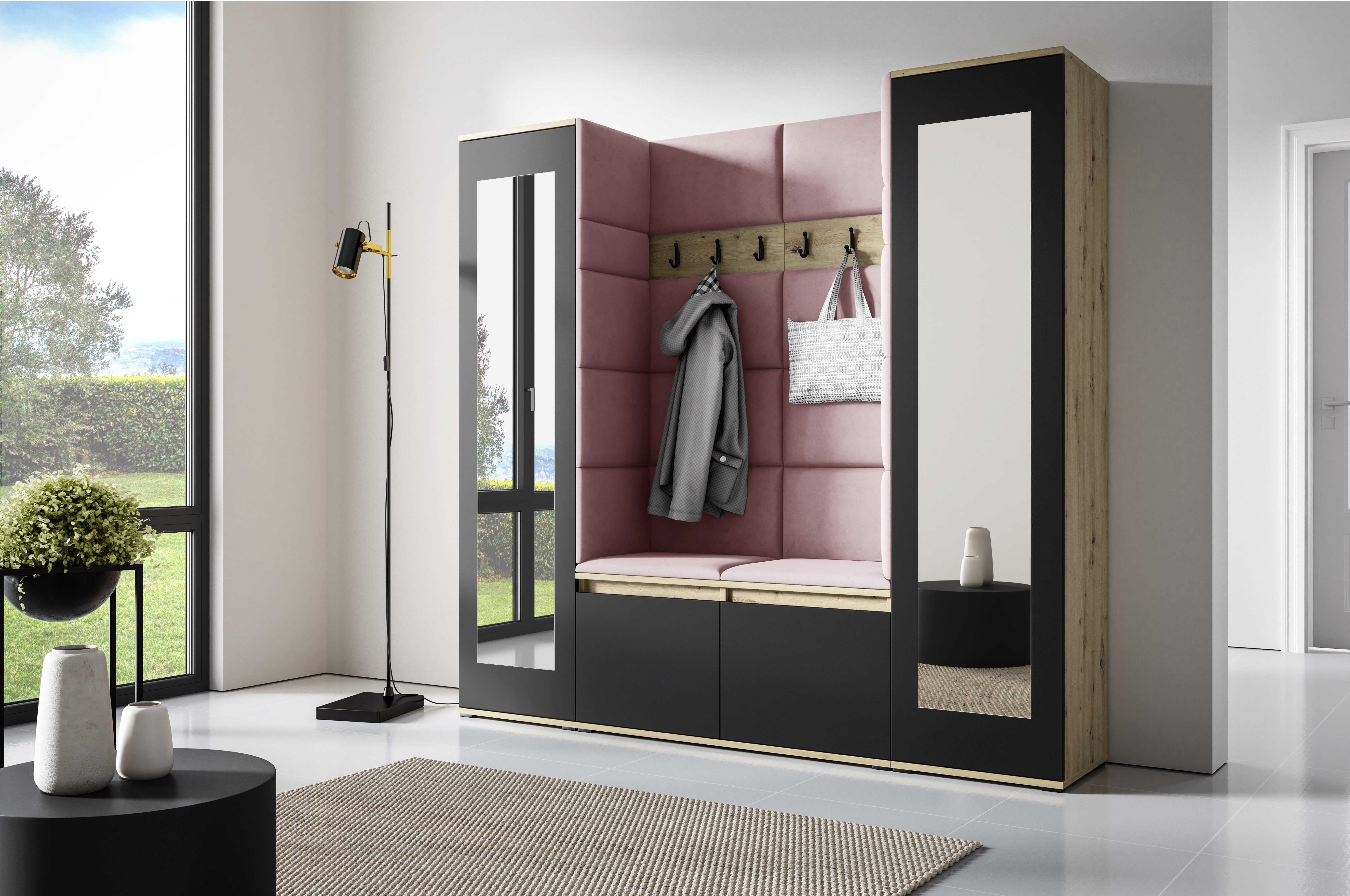 PK Emi 31 Hallway Wardrobe Aristan Oak/Black- Upholstered Panels in Various Colours
