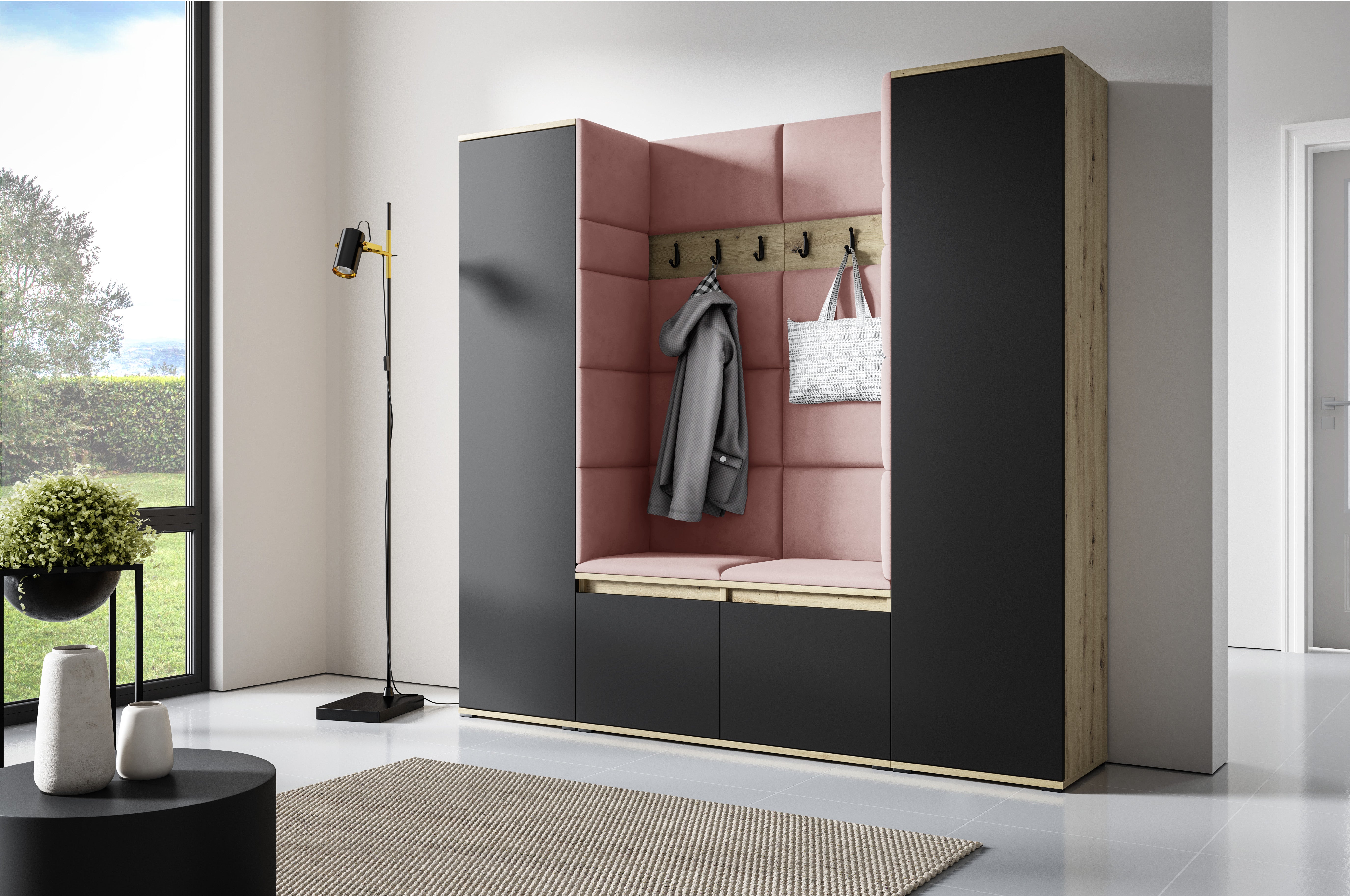 PK Emi 31 Hallway Wardrobe Aristan Oak/Black- Upholstered Panels in Various Colours