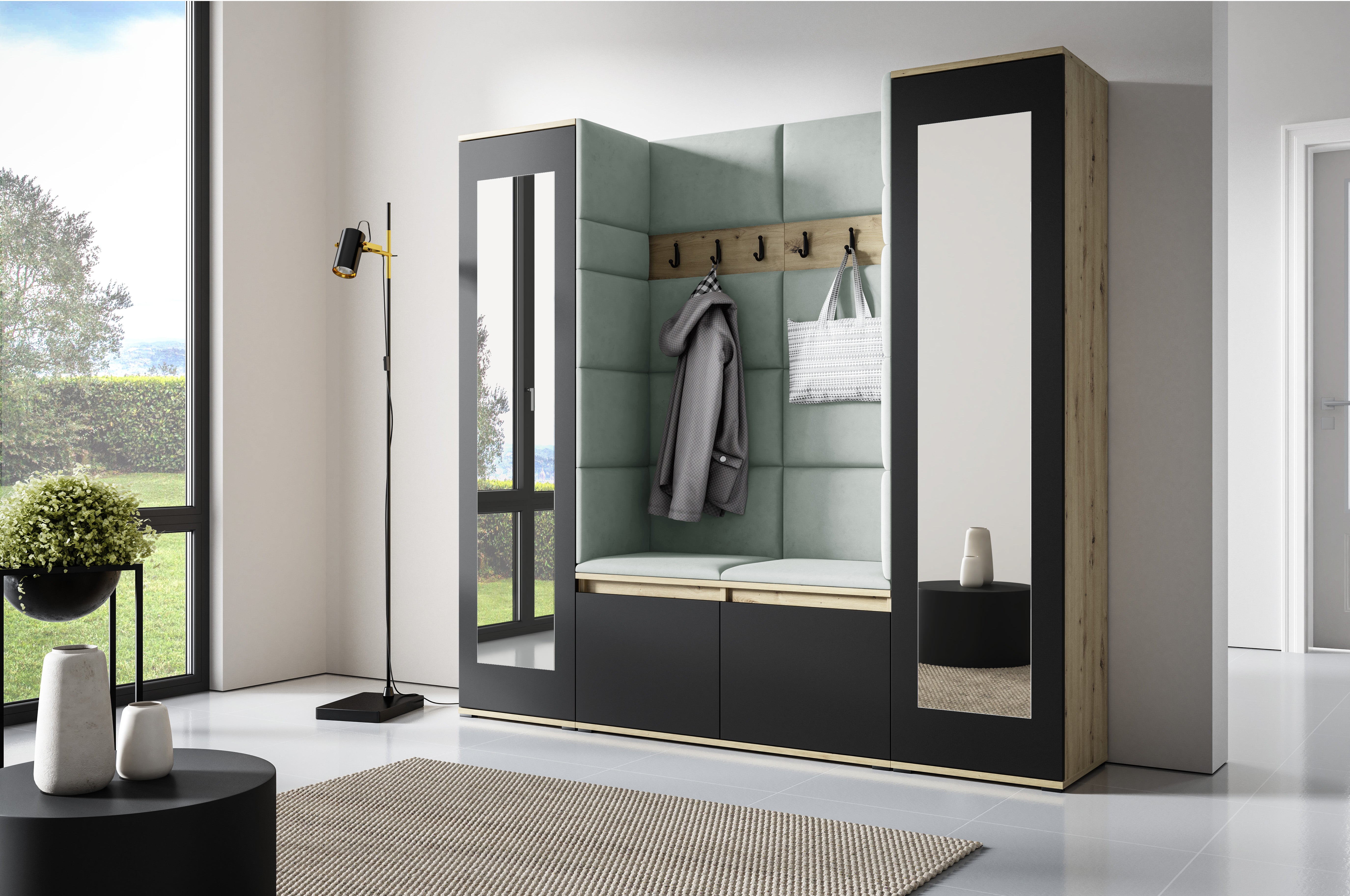 PK Emi 31 Hallway Wardrobe Aristan Oak/Black- Upholstered Panels in Various Colours