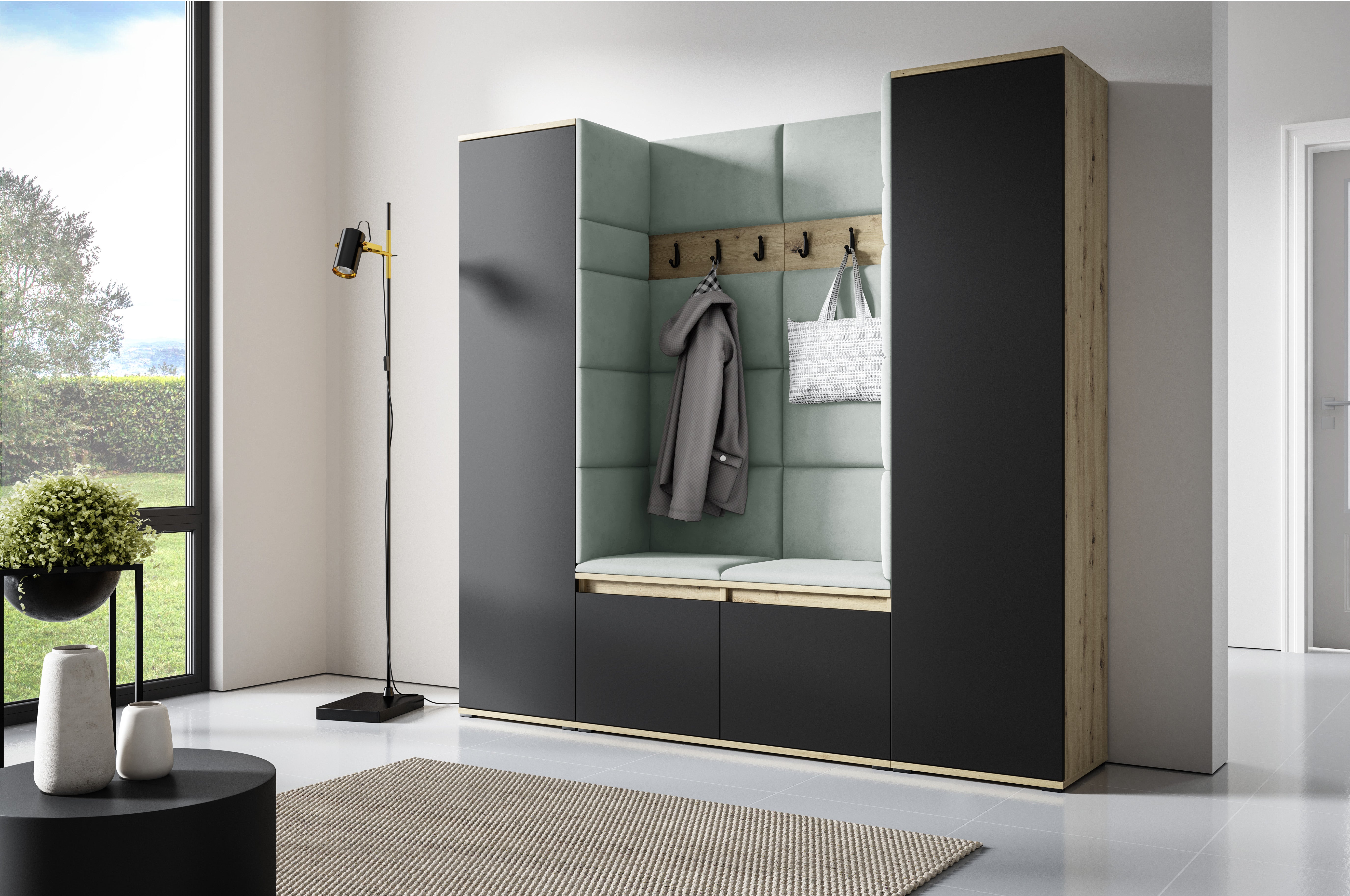 PK Emi 31 Hallway Wardrobe Aristan Oak/Black- Upholstered Panels in Various Colours