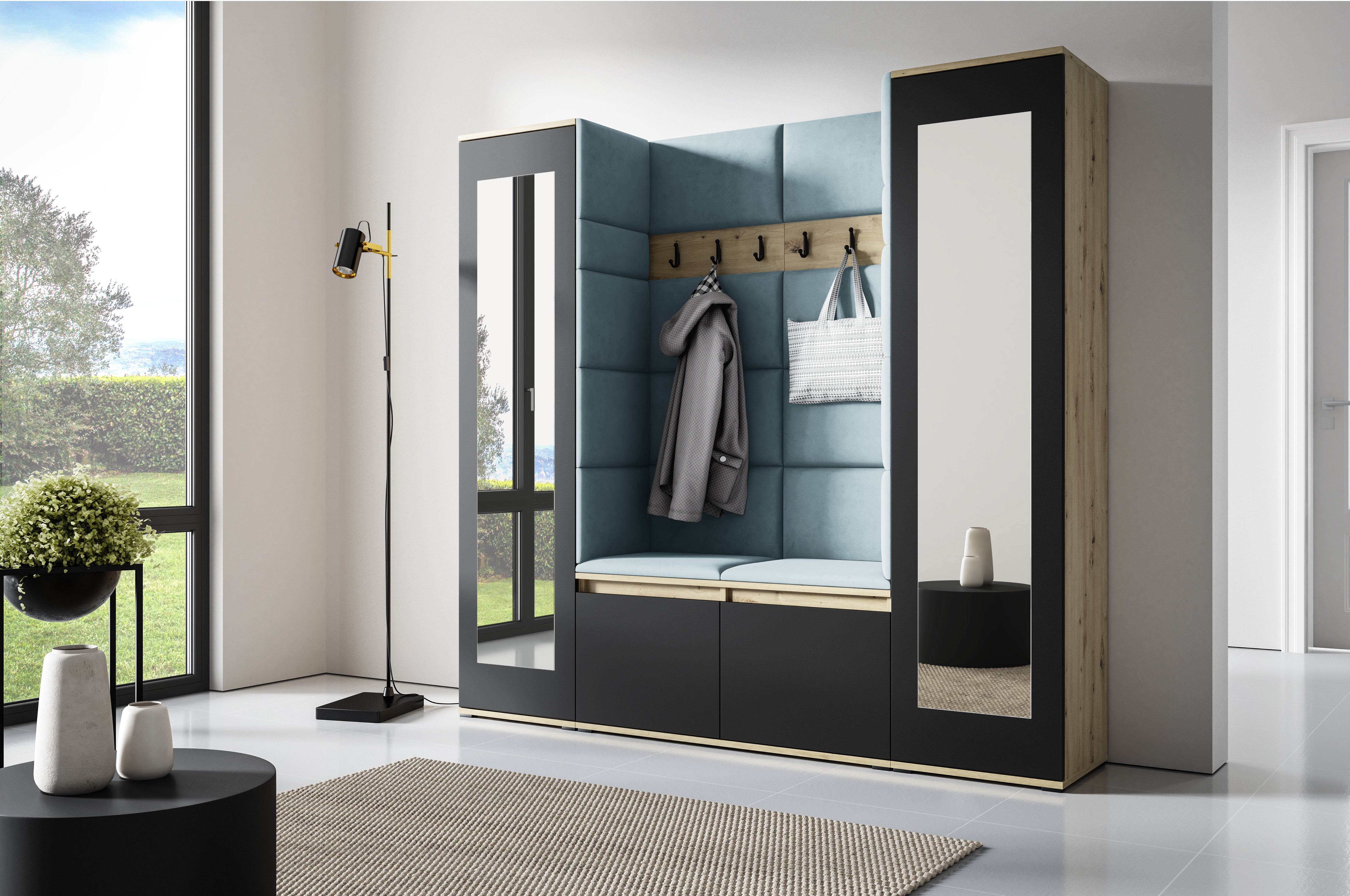 PK Emi 31 Hallway Wardrobe Aristan Oak/Black- Upholstered Panels in Various Colours