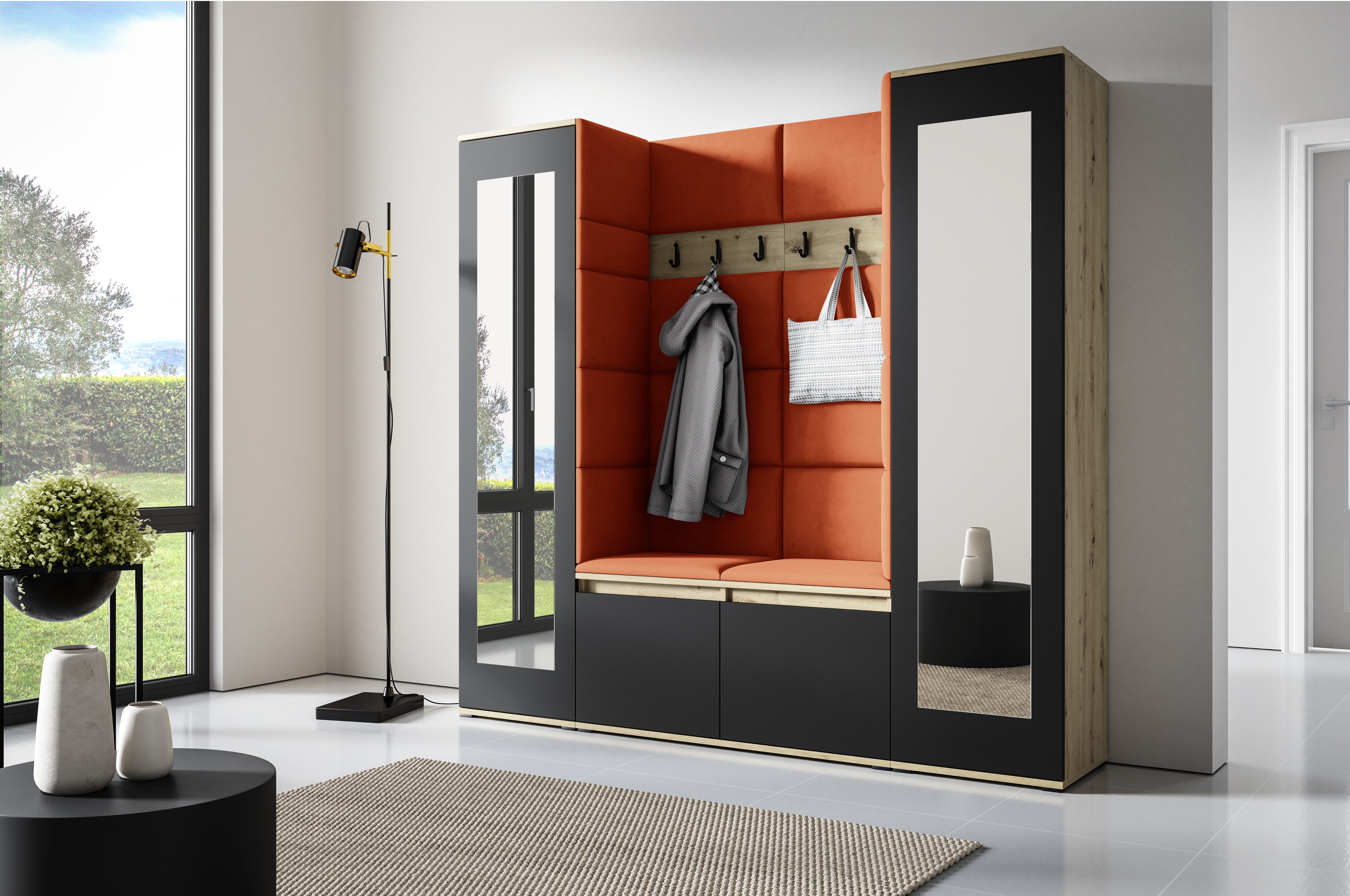 PK Emi 31 Hallway Wardrobe Aristan Oak/Black- Upholstered Panels in Various Colours