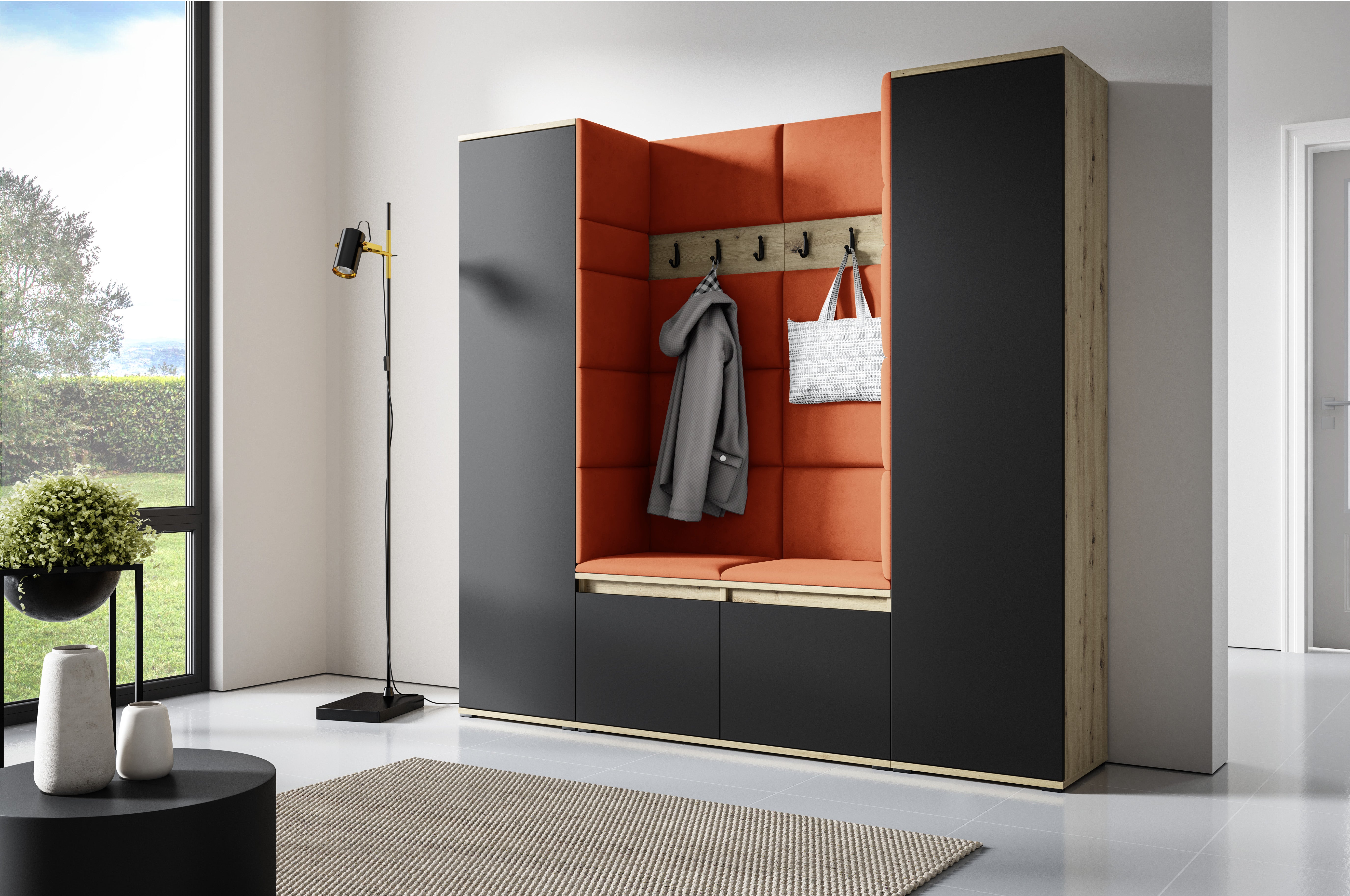 PK Emi 31 Hallway Wardrobe Aristan Oak/Black- Upholstered Panels in Various Colours