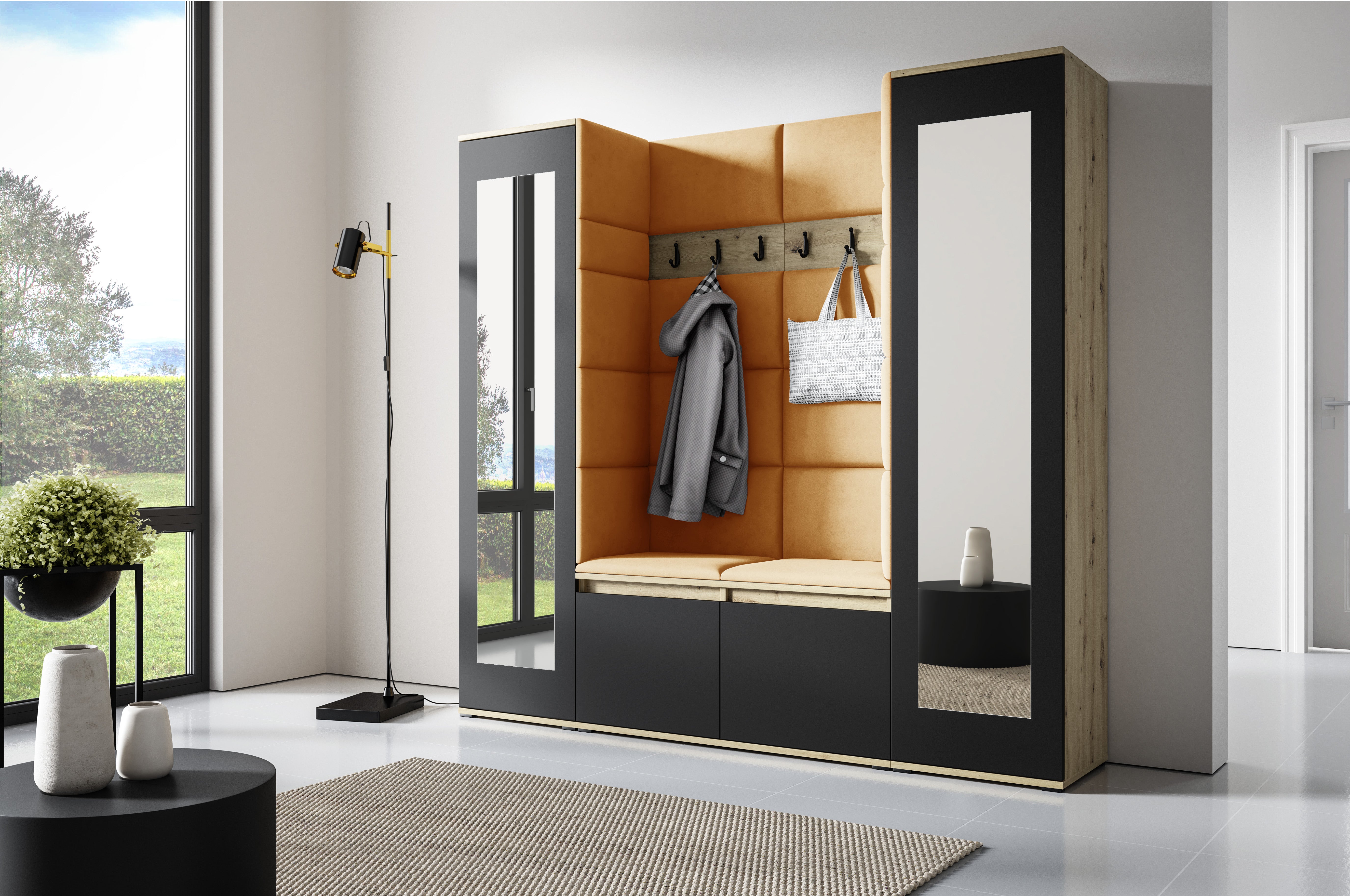 PK Emi 31 Hallway Wardrobe Aristan Oak/Black- Upholstered Panels in Various Colours