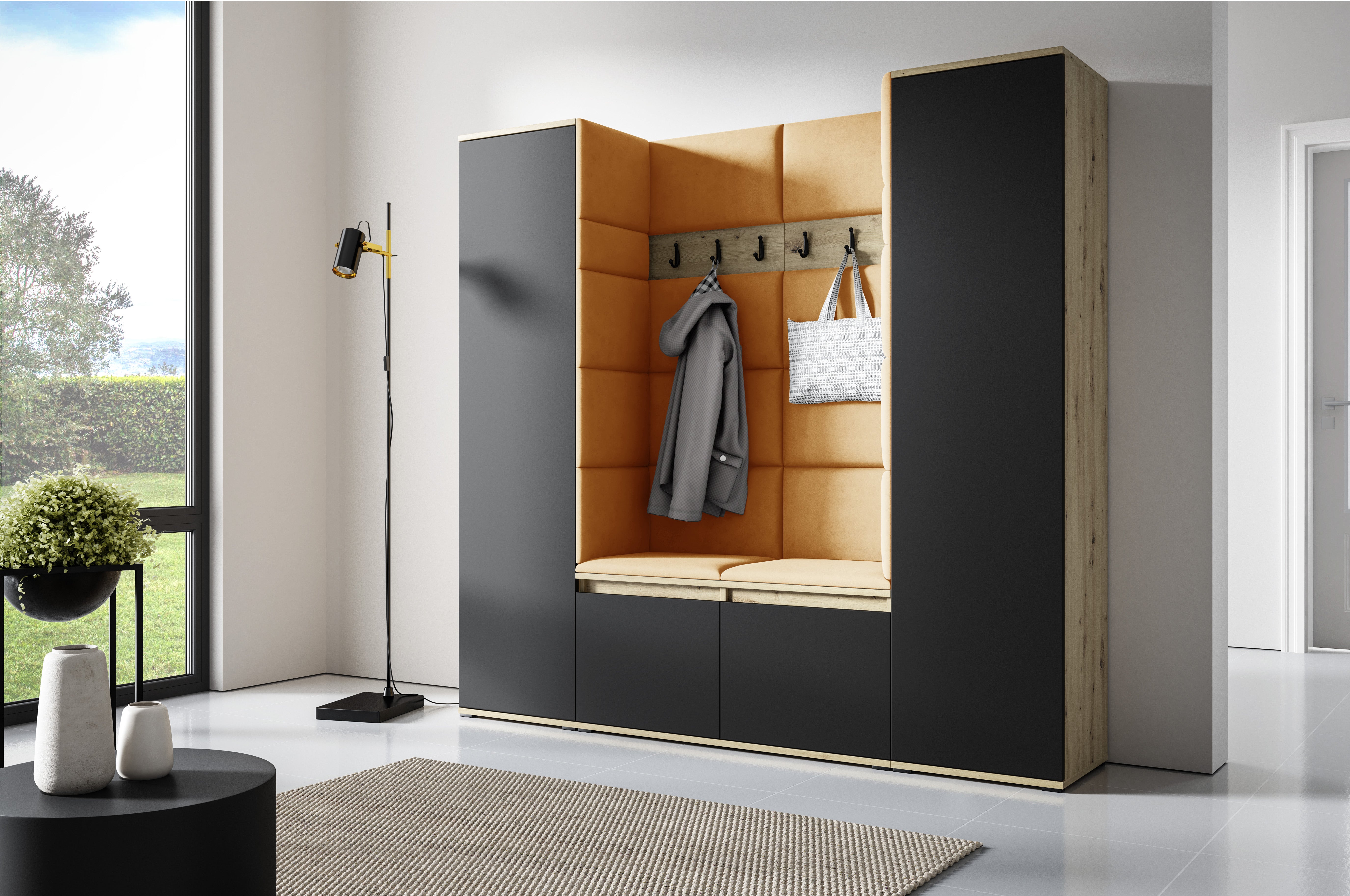 PK Emi 31 Hallway Wardrobe Aristan Oak/Black- Upholstered Panels in Various Colours