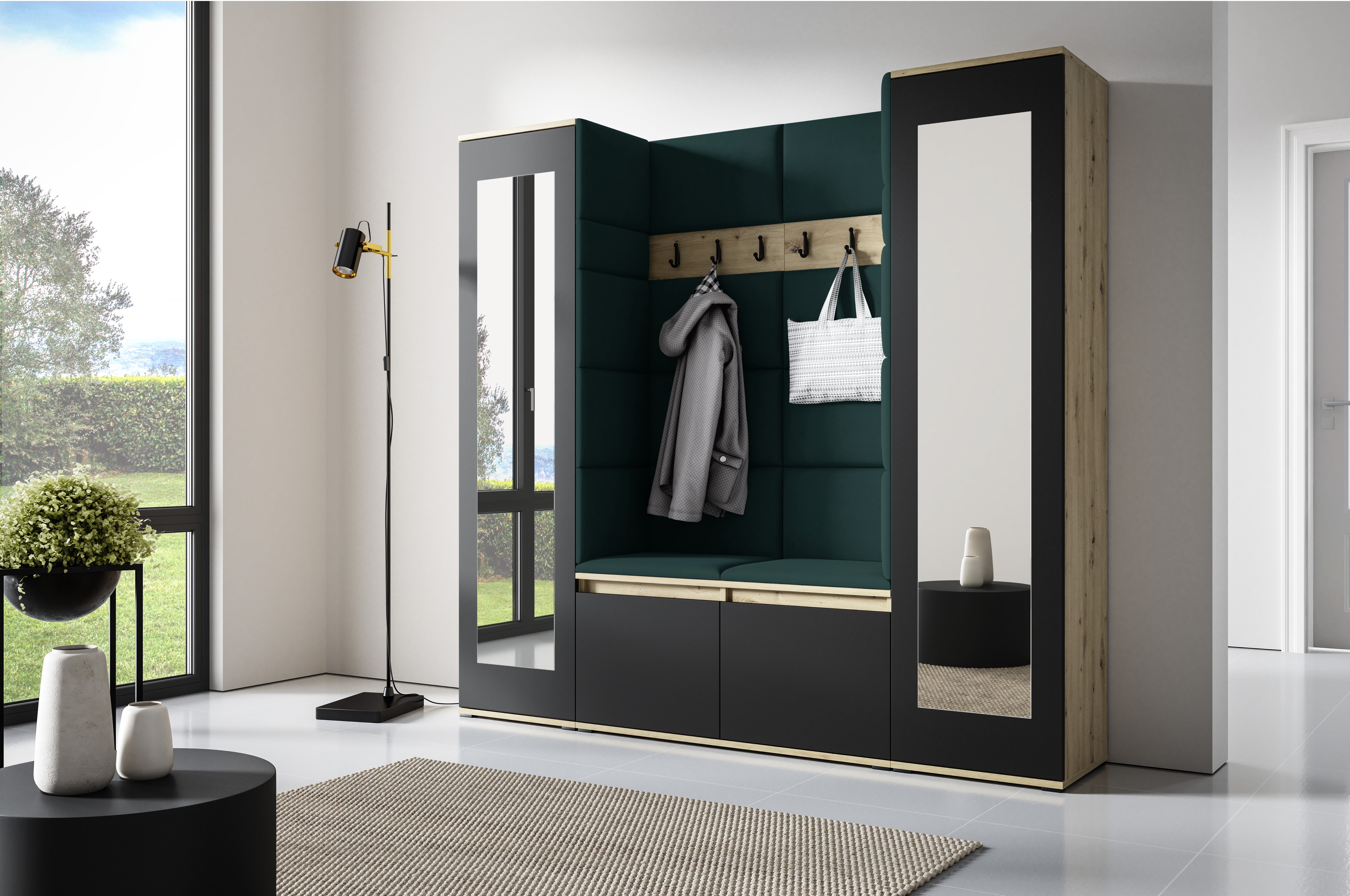 PK Emi 31 Hallway Wardrobe Aristan Oak/Black- Upholstered Panels in Various Colours