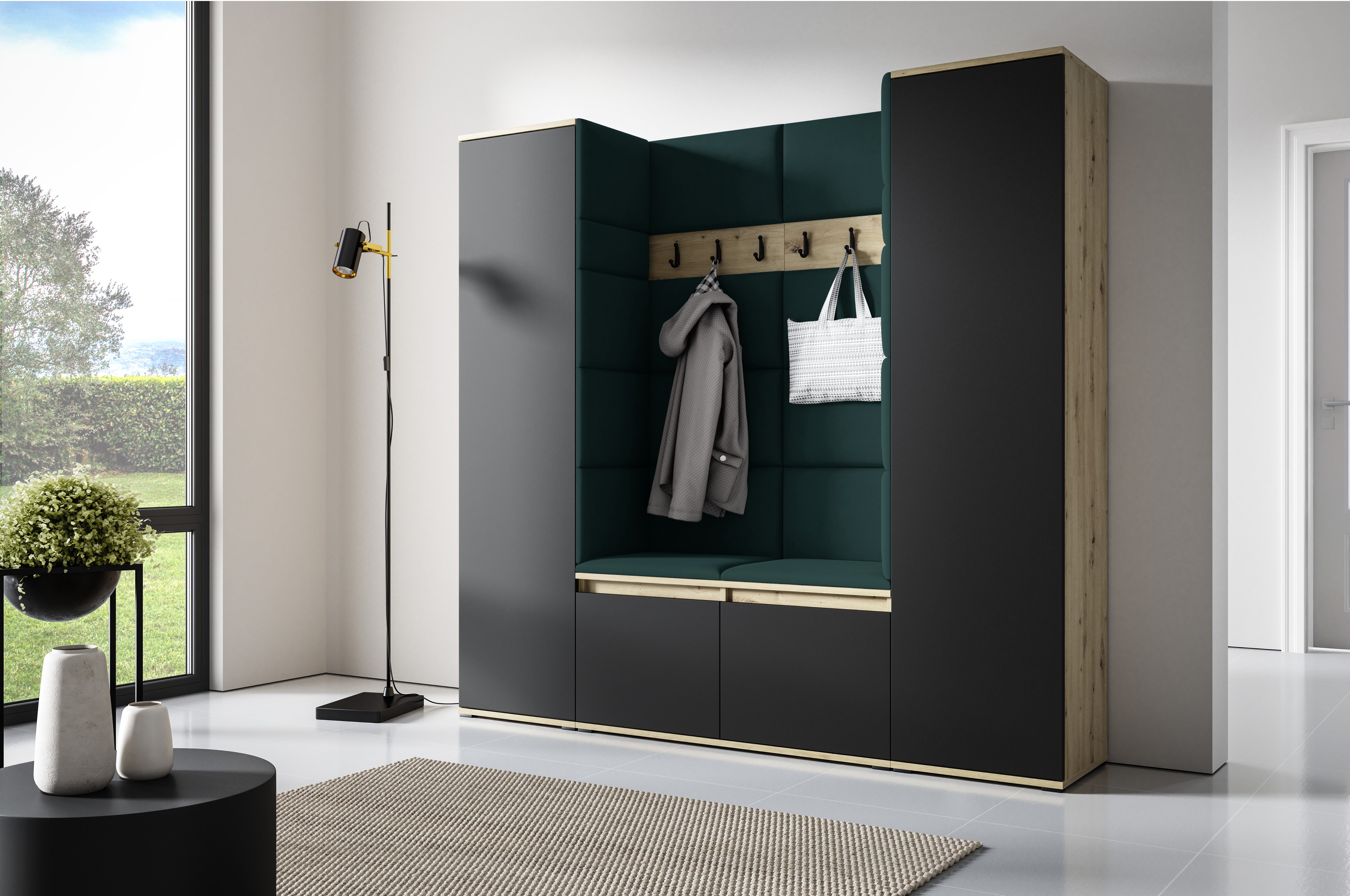 PK Emi 31 Hallway Wardrobe Aristan Oak/Black- Upholstered Panels in Various Colours