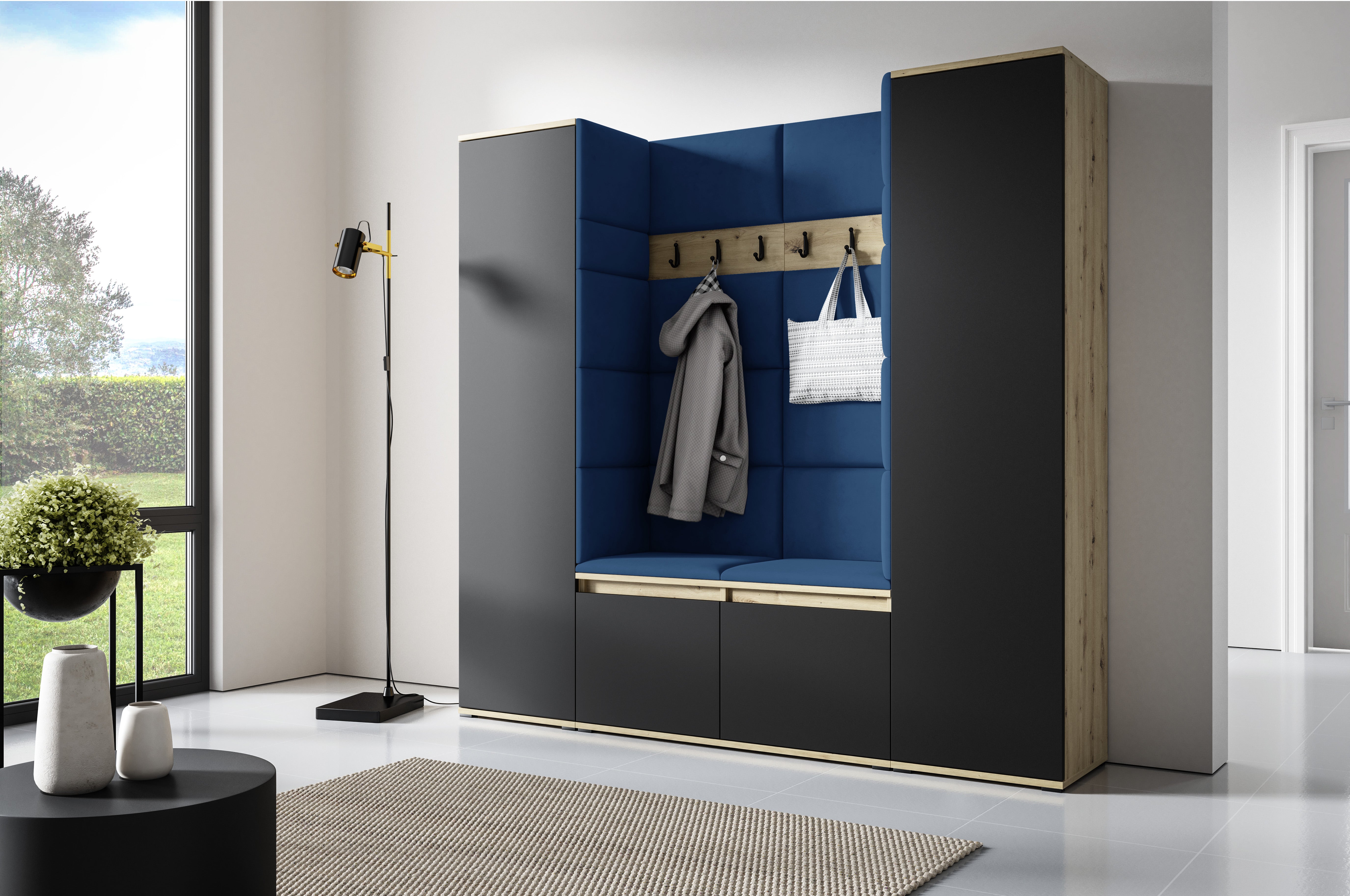 PK Emi 31 Hallway Wardrobe Aristan Oak/Black- Upholstered Panels in Various Colours