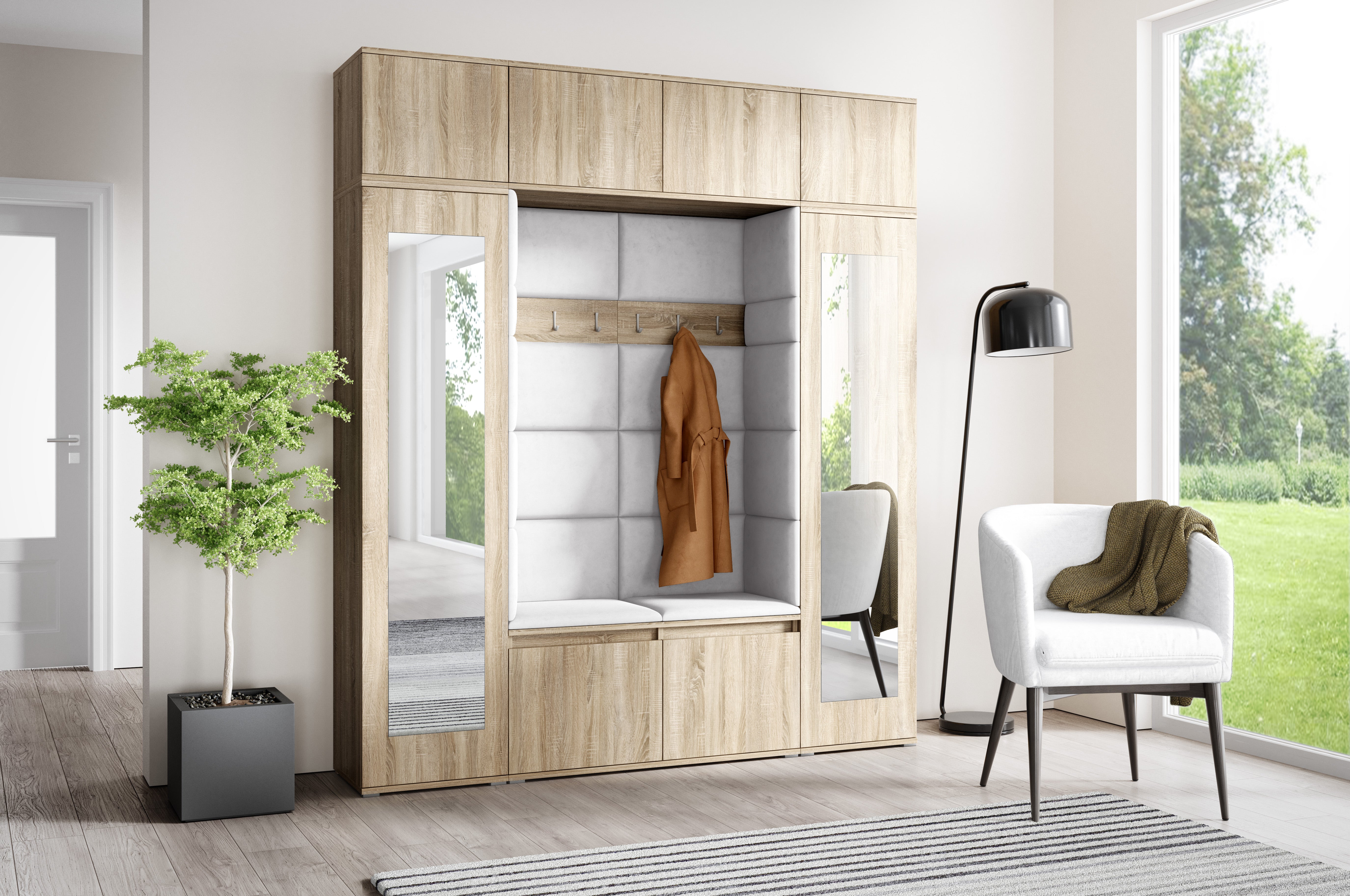 PK Emi 32 Hallway Wardrobe Sonoma Oak- Upholstered Panels in Various Colours
