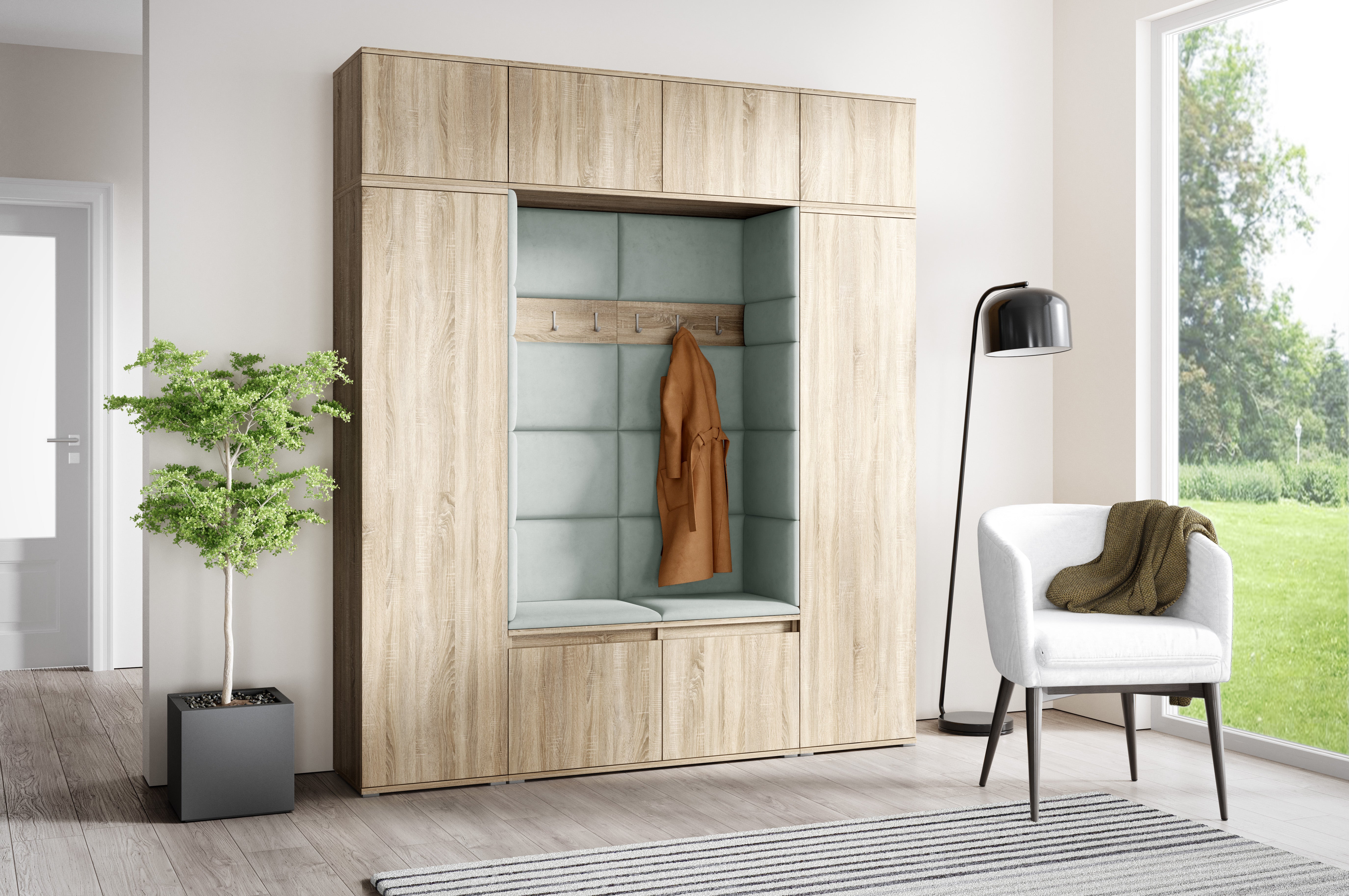 PK Emi 32 Hallway Wardrobe Sonoma Oak- Upholstered Panels in Various Colours