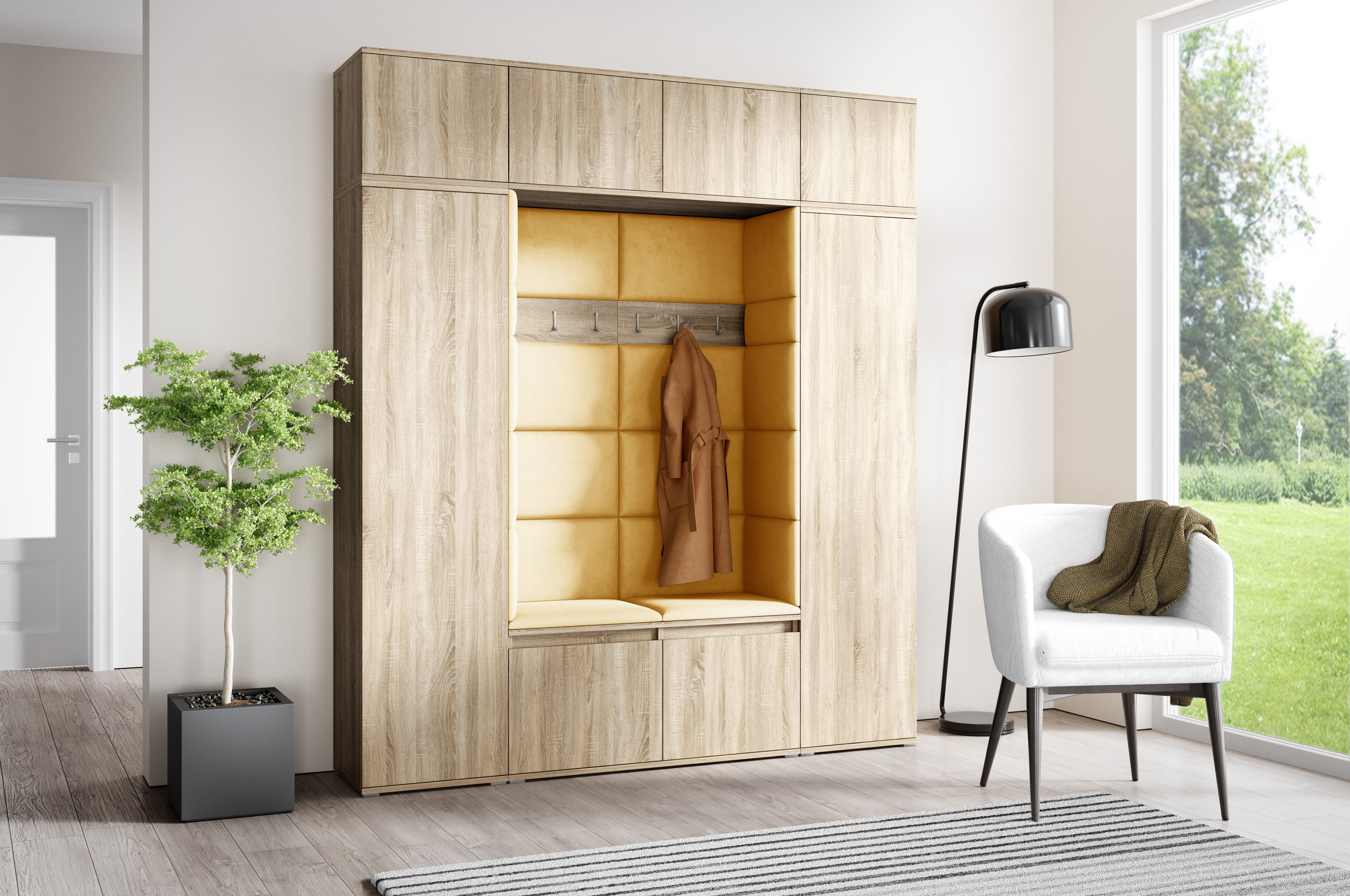 PK Emi 32 Hallway Wardrobe Sonoma Oak- Upholstered Panels in Various Colours