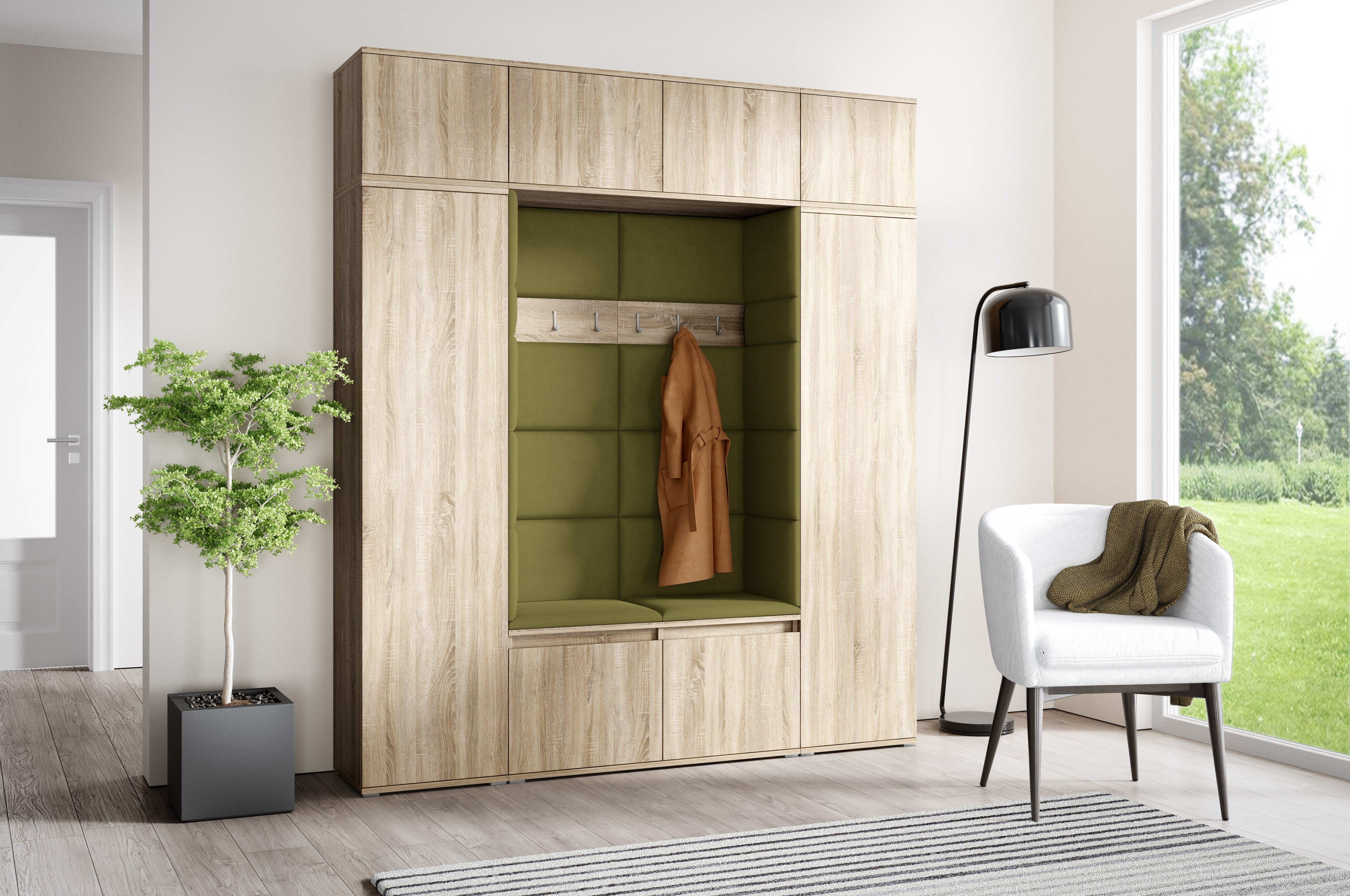 PK Emi 32 Hallway Wardrobe Sonoma Oak- Upholstered Panels in Various Colours