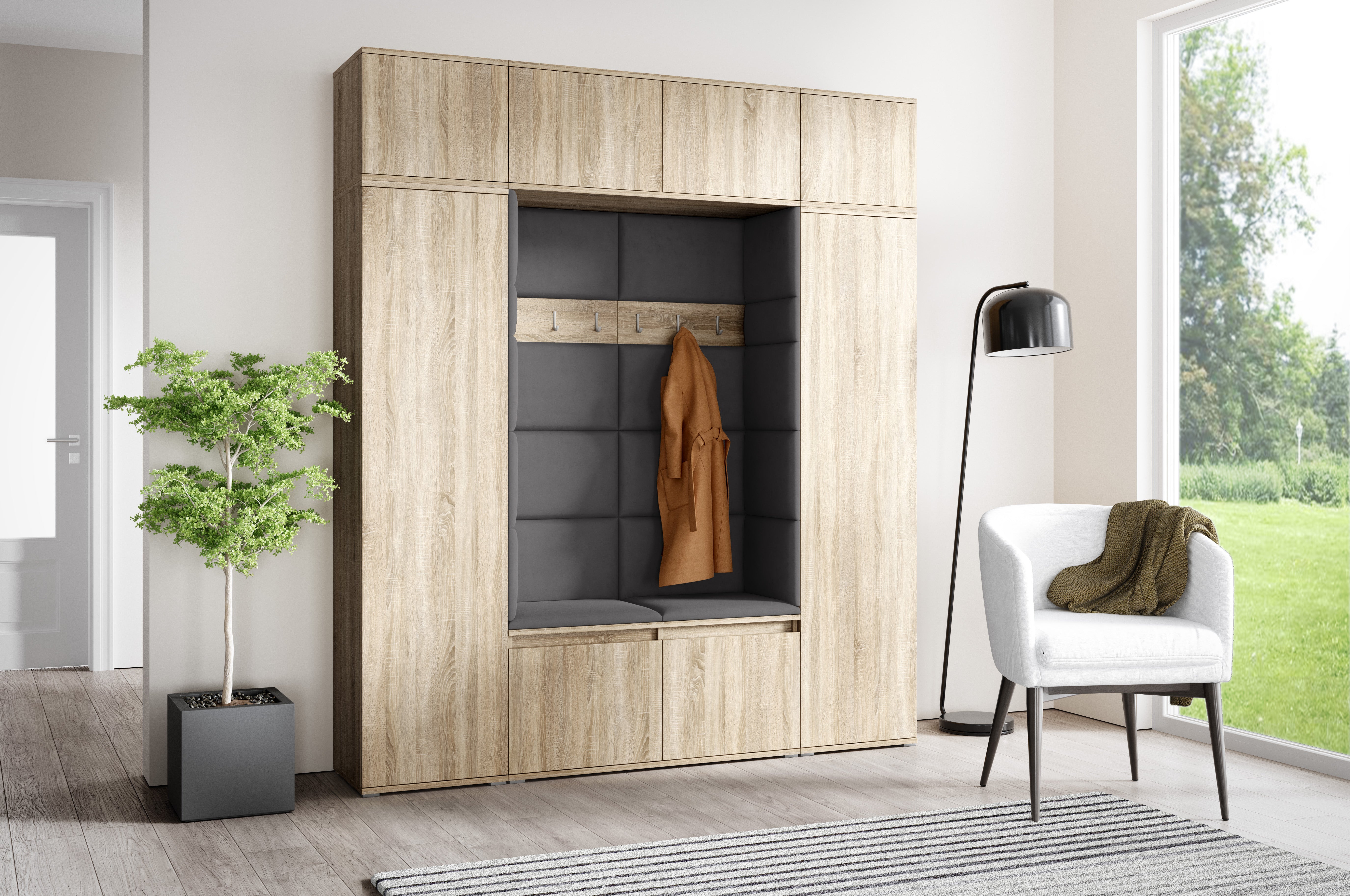 PK Emi 32 Hallway Wardrobe Sonoma Oak- Upholstered Panels in Various Colours