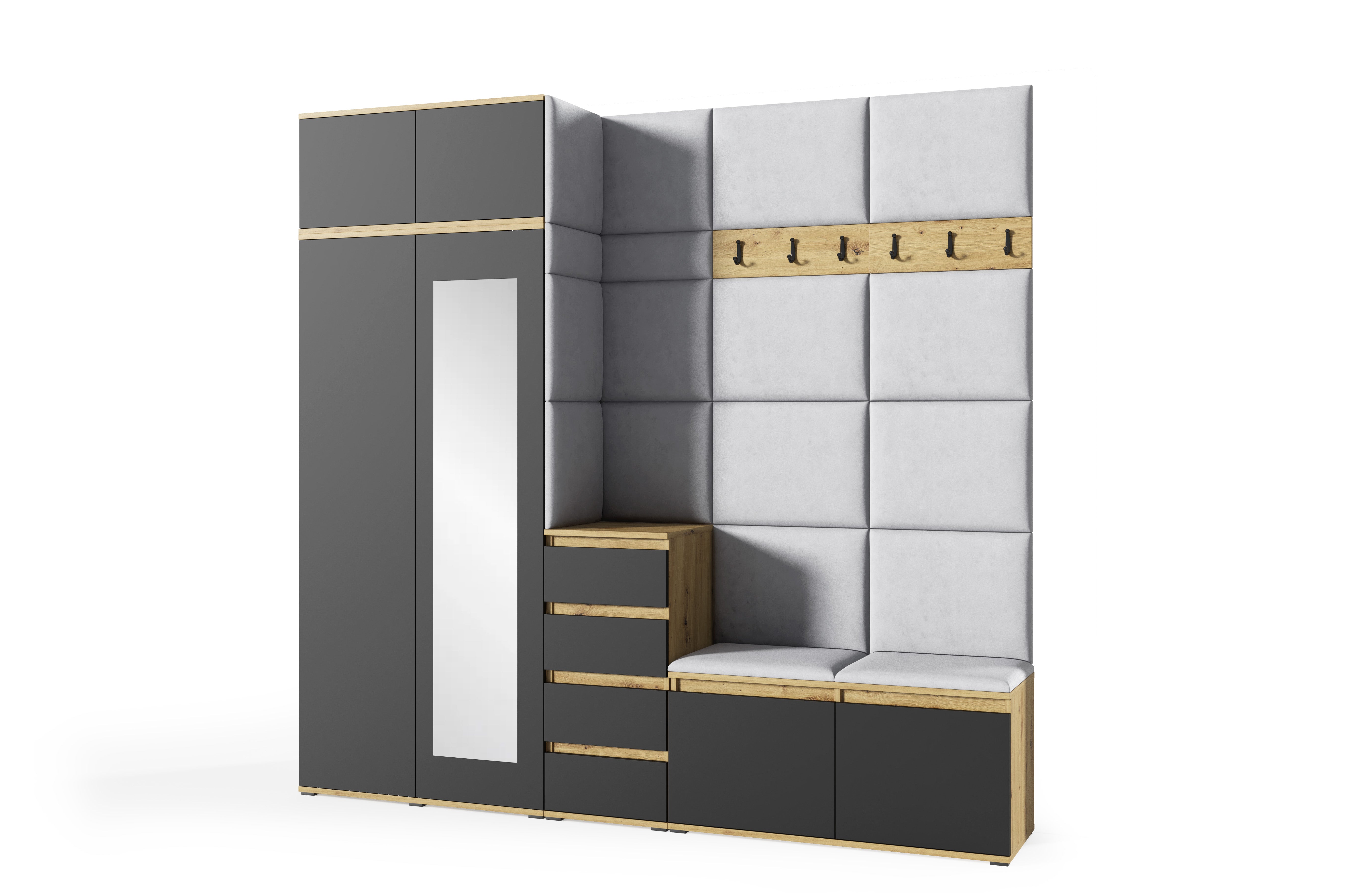 PK Emi 33 Hallway Wardrobe Aristan Oak\Black - Upholstered Panels in Various Colours