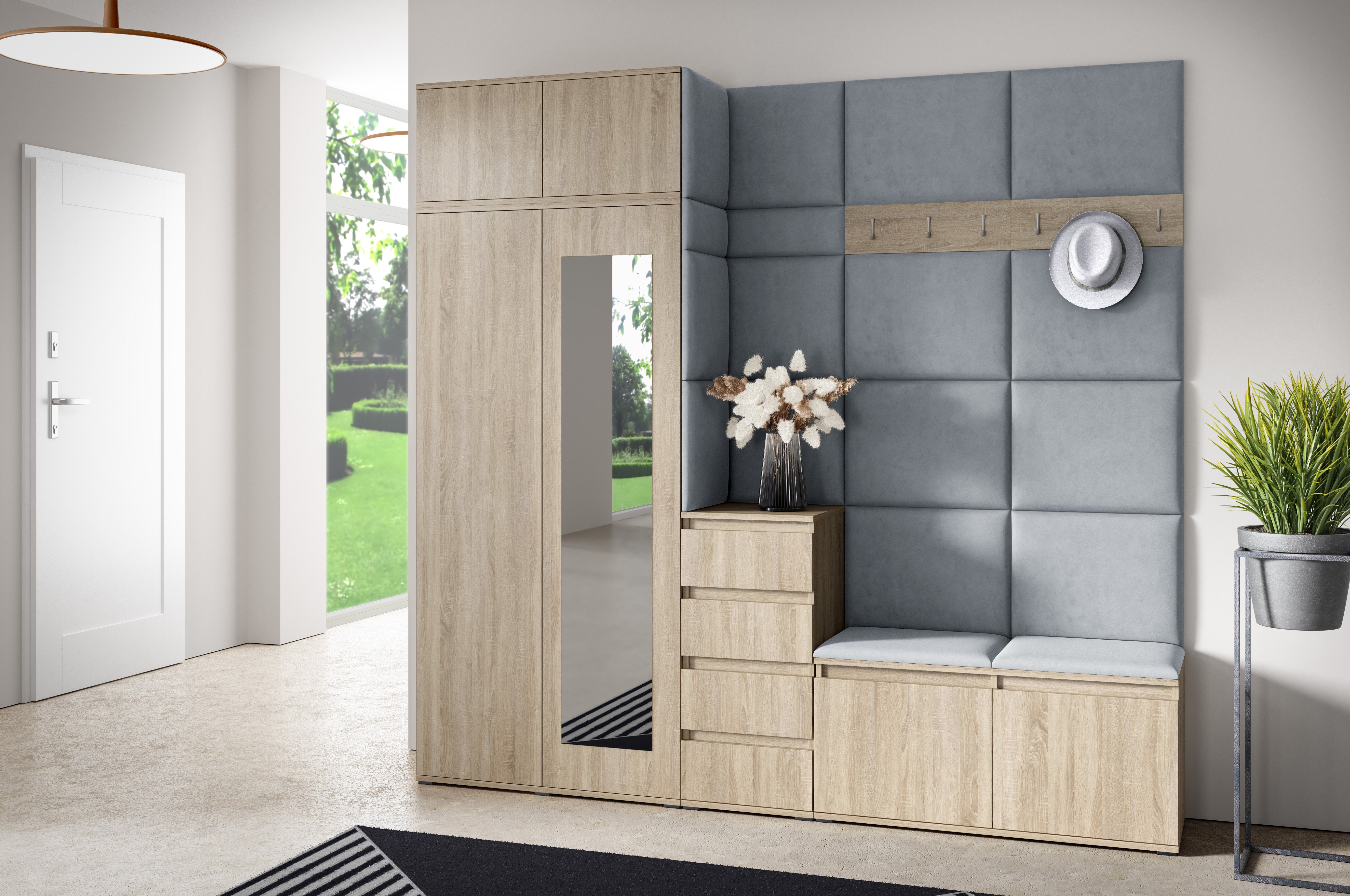 PK Emi 33 Hallway Wardrobe Sonoma Oak - Upholstered Panels in Various Colours