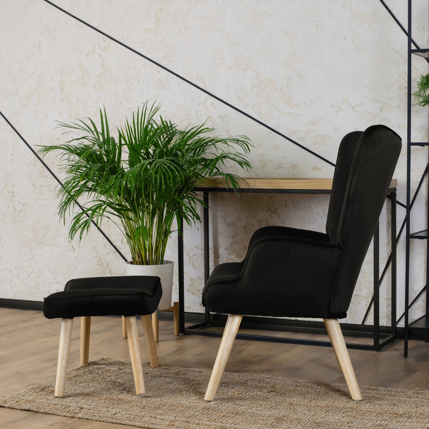 Elite LOZANO Black Velvet Armchair with Footstool