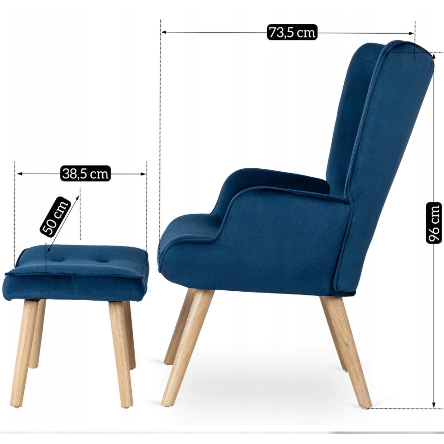 Elite LOZANO Navy Blue Velvet Armchair with Footstool