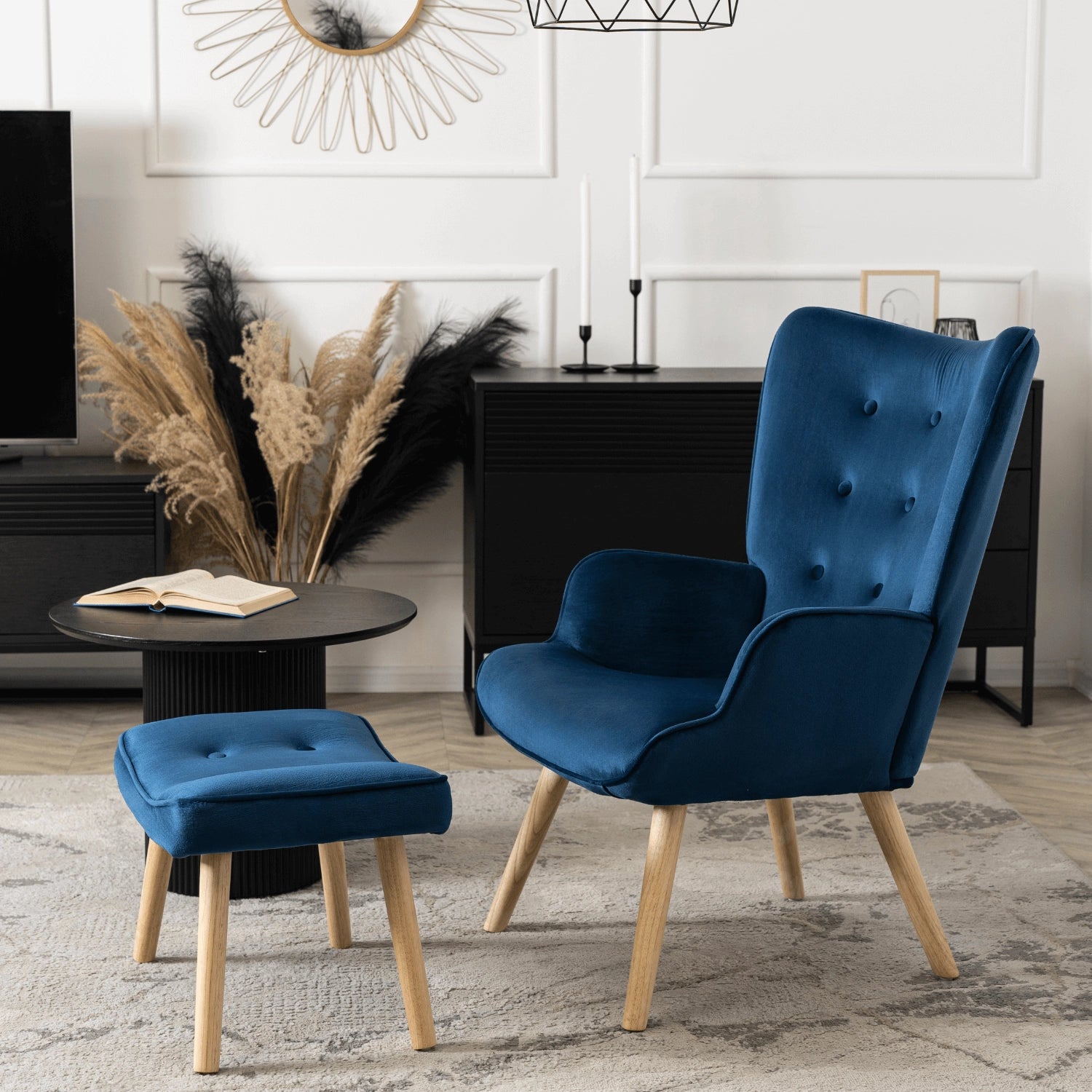 Elite LOZANO Navy Blue Velvet Armchair with Footstool