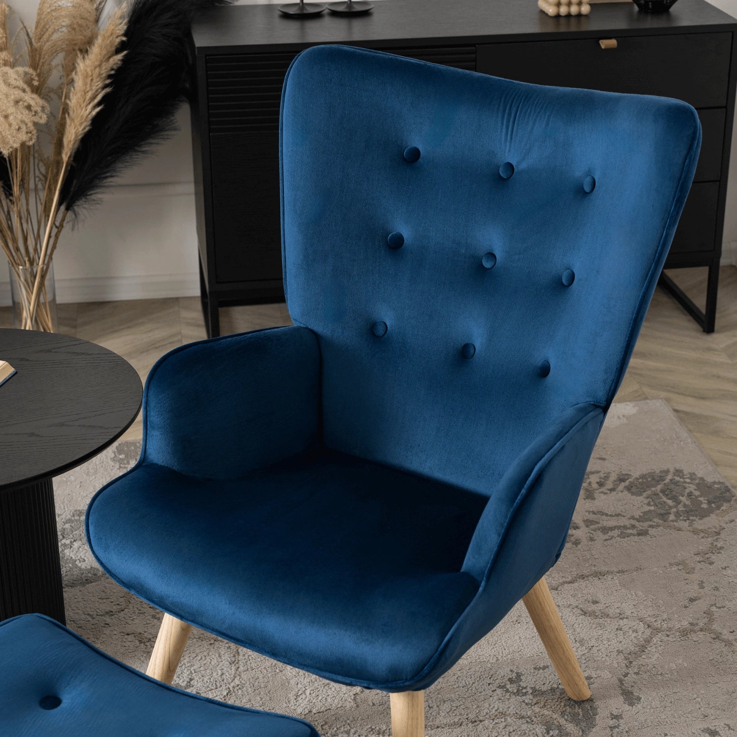 Elite LOZANO Navy Blue Velvet Armchair with Footstool