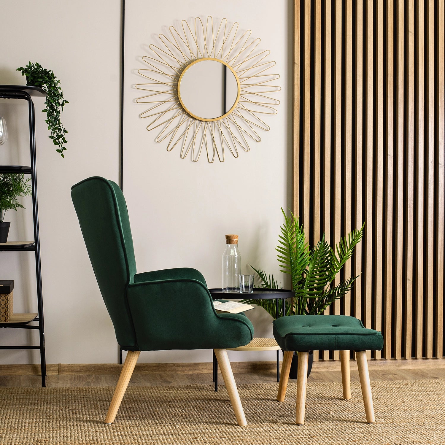 Elite LOZANO Green Velvet Armchair with Footstool
