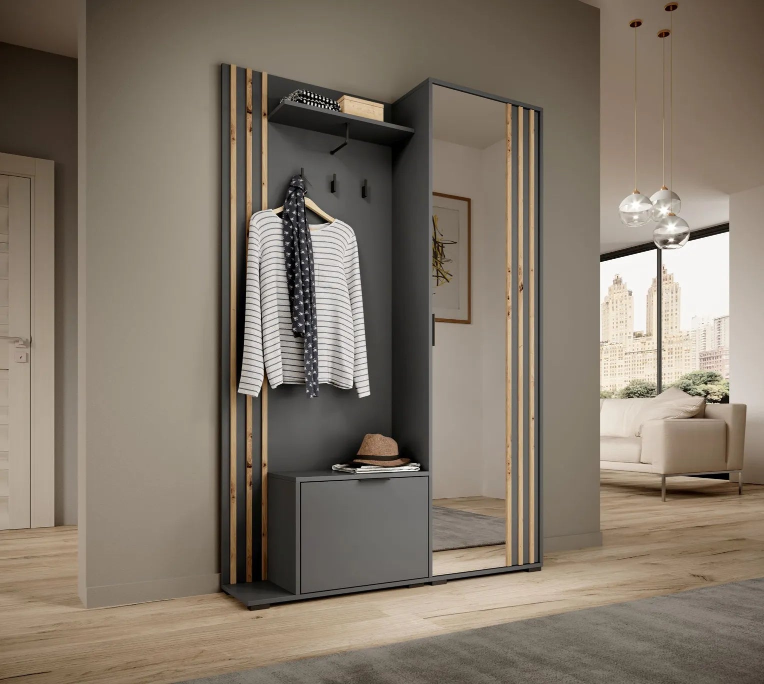 Nelly Hallway Wardrobe - Graphite / Artisan Slat / Mirror