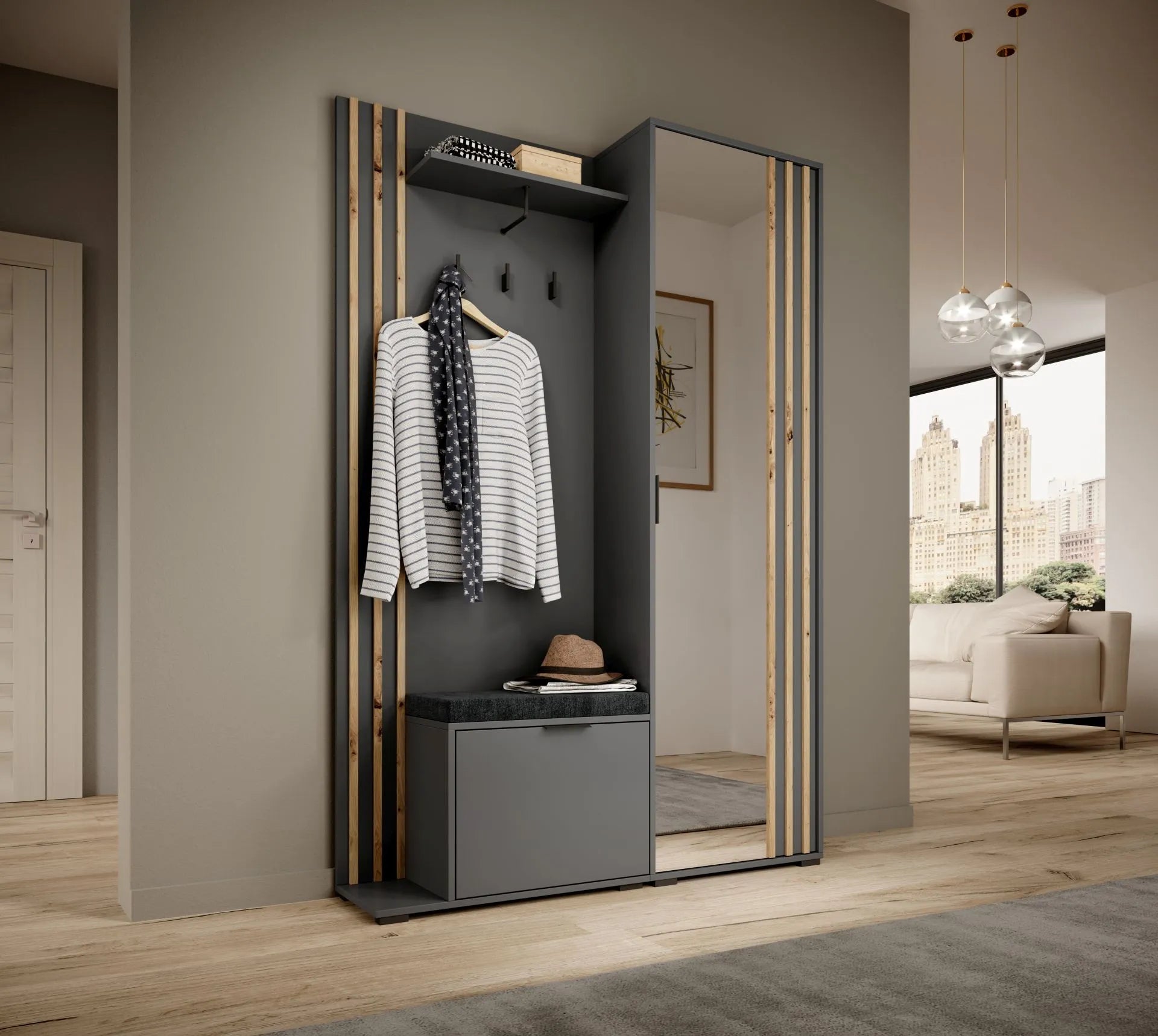 Nelly Hallway Wardrobe – Graphite / Artisan Slats / Mirror with Cushion