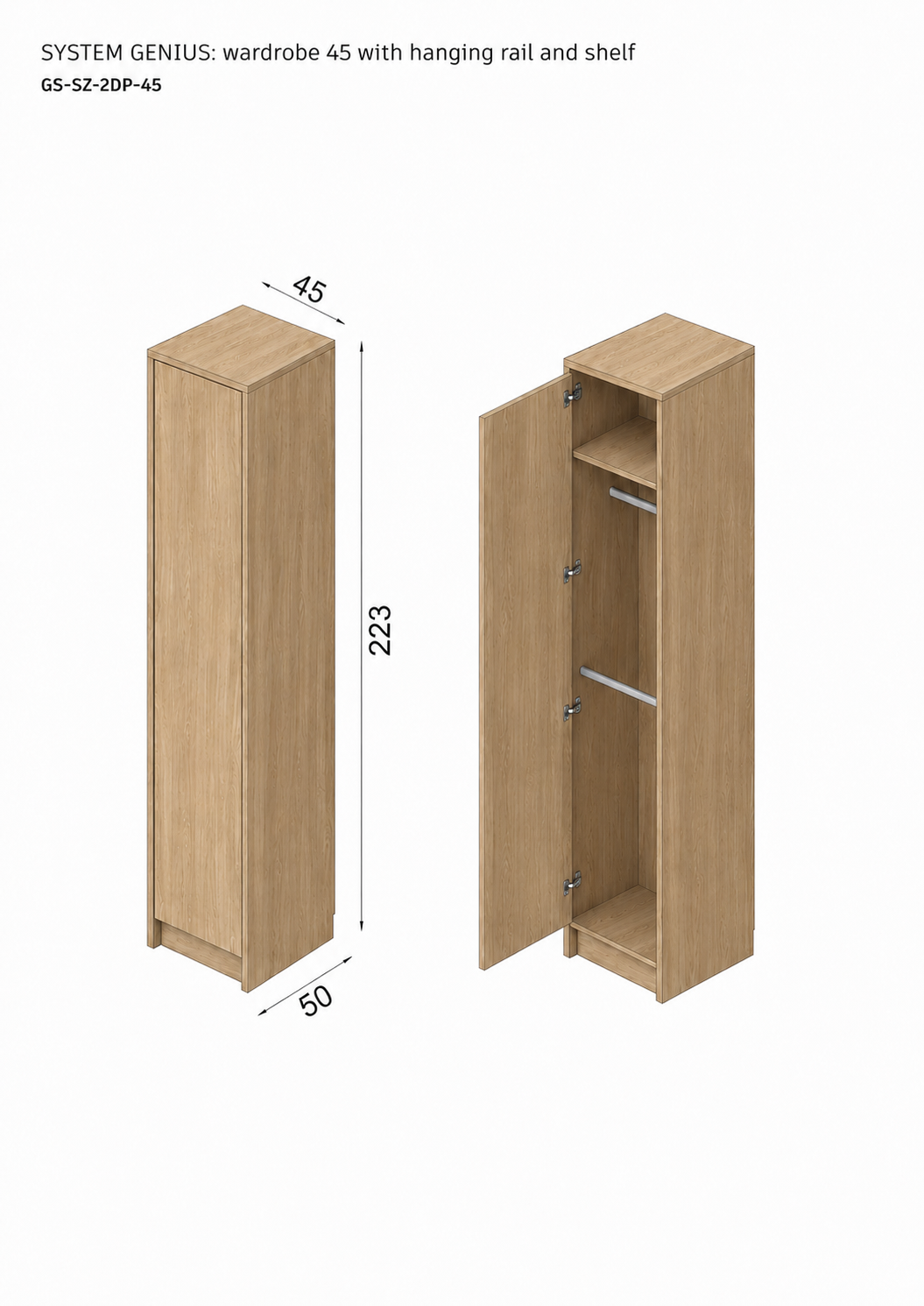 Genius Wardrobe 45 cm with Double Hanging Rail and Shelf